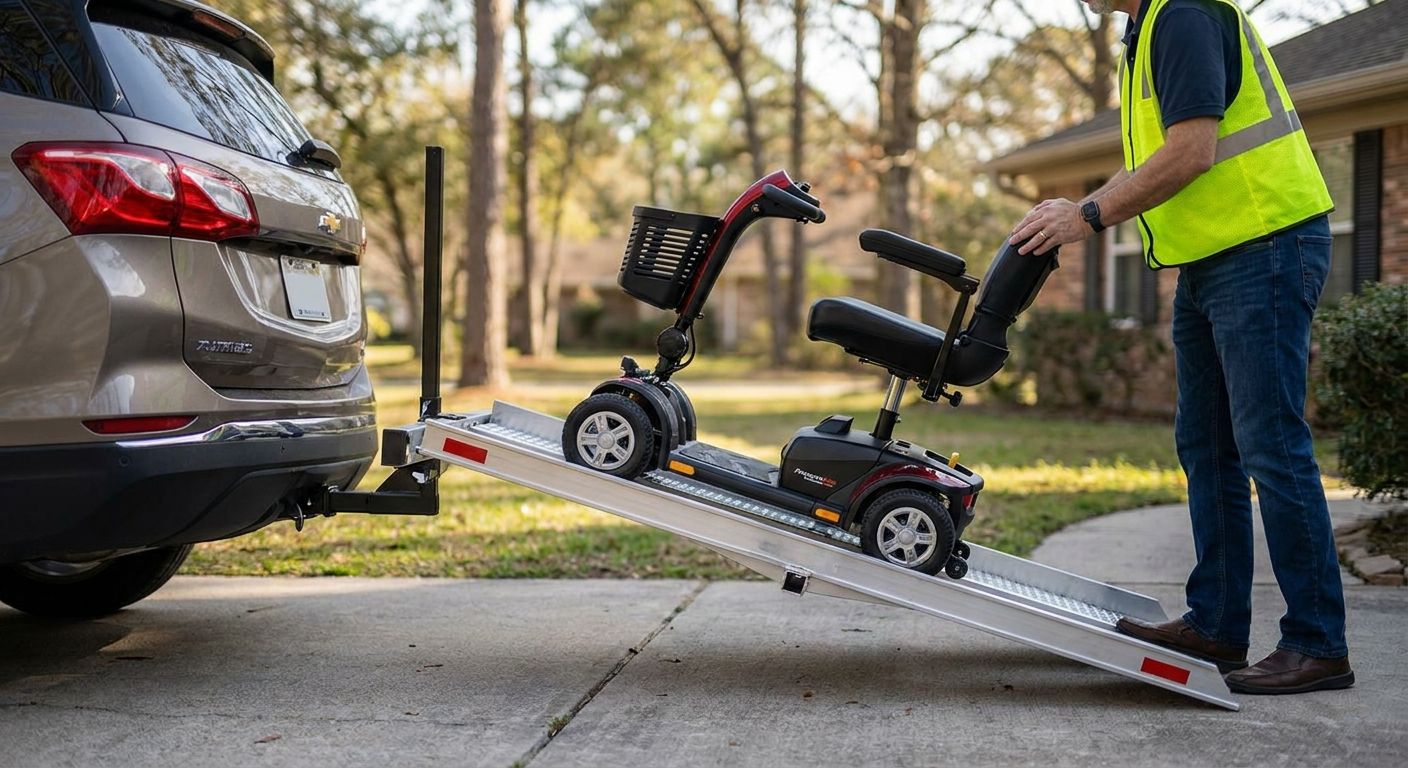 Mobility scooter carriers for safe loading and transport