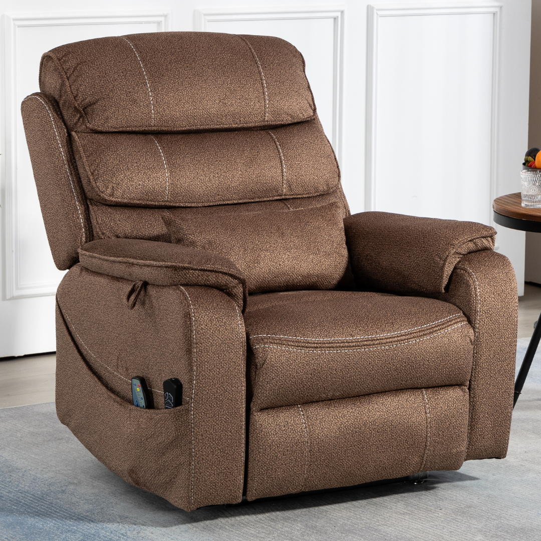 Knight Lay Flat Lift Chair, 24.8 Inch Wide Seat 74.8 Inch Length, Dual Motors, Wireless Charging Side Table, Brown (FREE 2 Years Warranty).