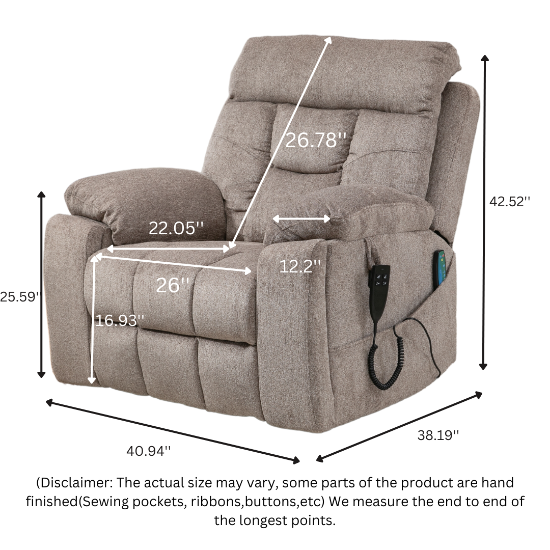 Castle 2.0 Lay flat Lift Chair, 26 Inch Seat Oversized, Back Up Battery, Light Brown (Free 2 Years Warranty)