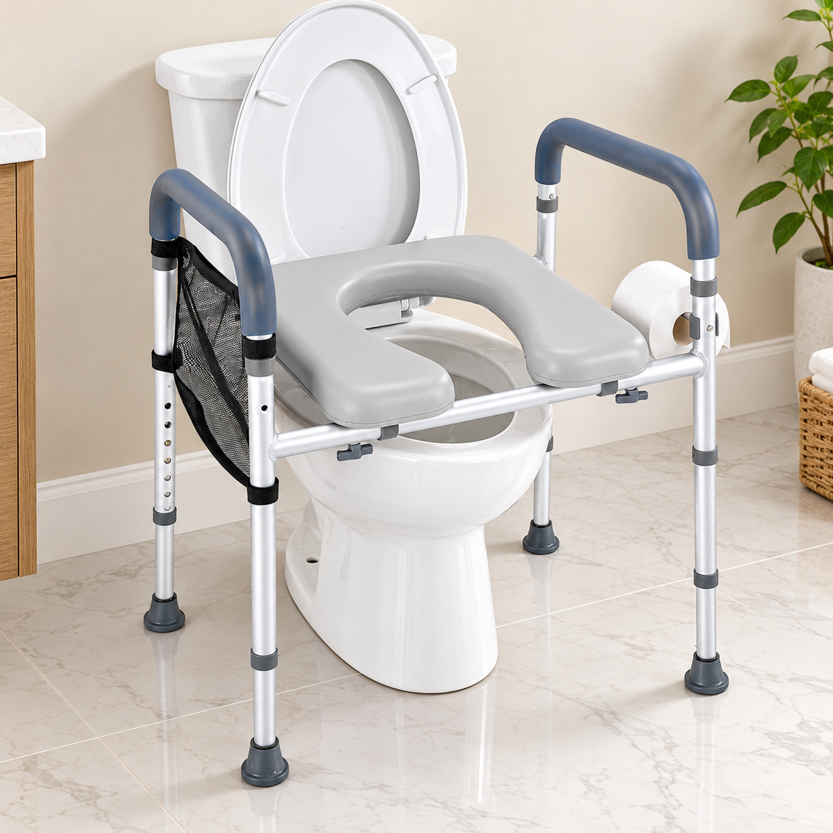 FlexiHeight 7-Position Adjustable Raised Toilet Seat with Padded Cushion & Storage.