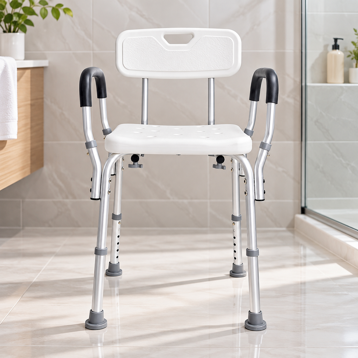 AquaSupport Adjustable Shower Chair with Backrest & Padded Armrests, 350 lb Capacity.