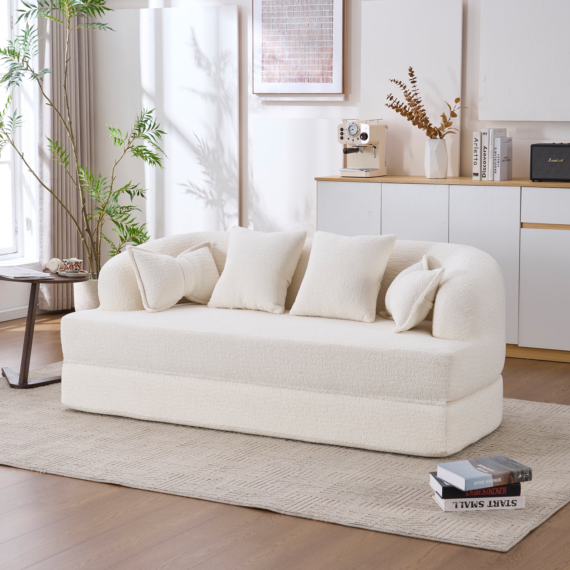 70" Foldable Sofa Bed with 4 Pillows – Milk White.