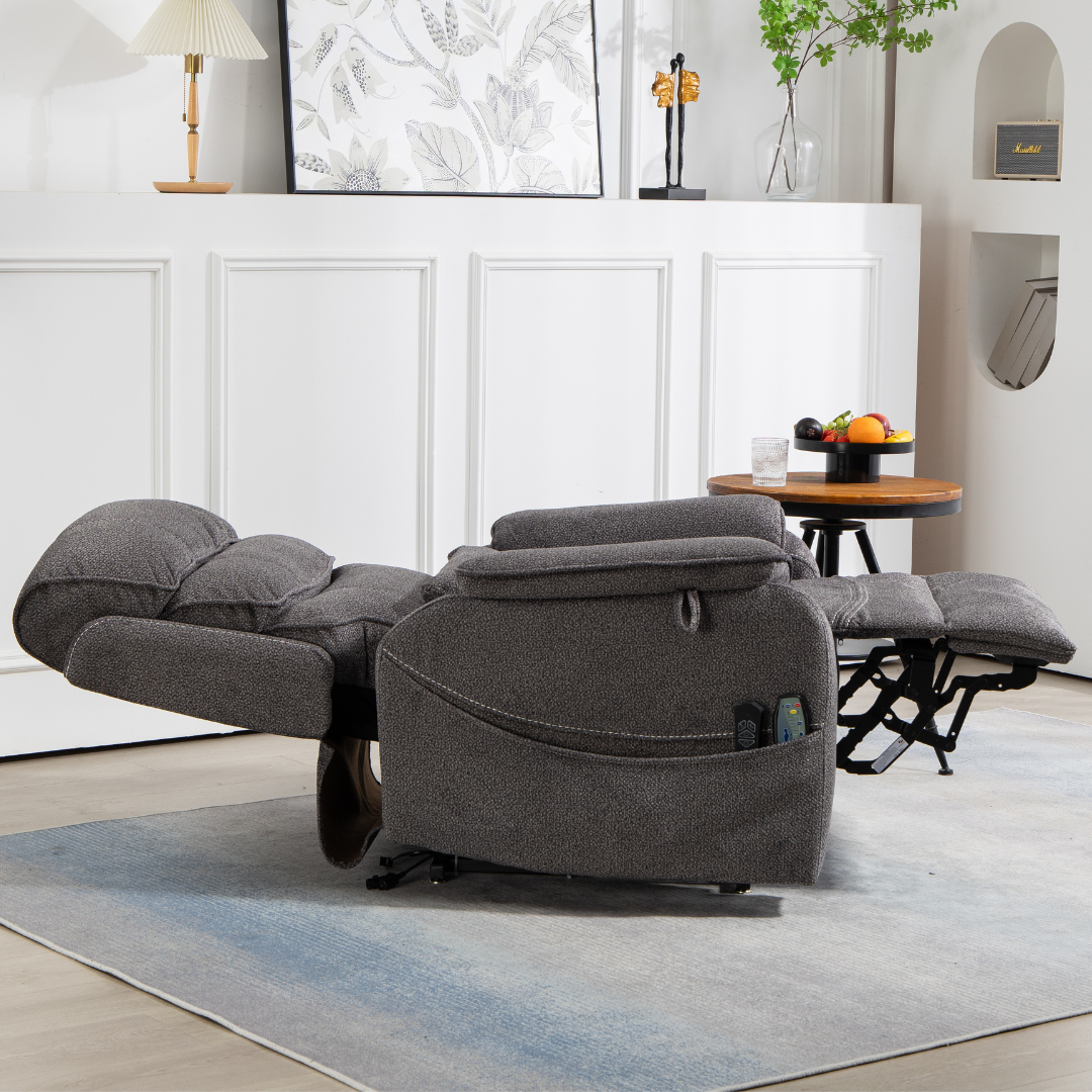 Knight Lay Flat Lift Chair, 24.8 Inch Wide Seat 74.8 Inch Length, Dual Motors, Wireless Charging Side Table, Grey (FREE 2 Years Warranty).