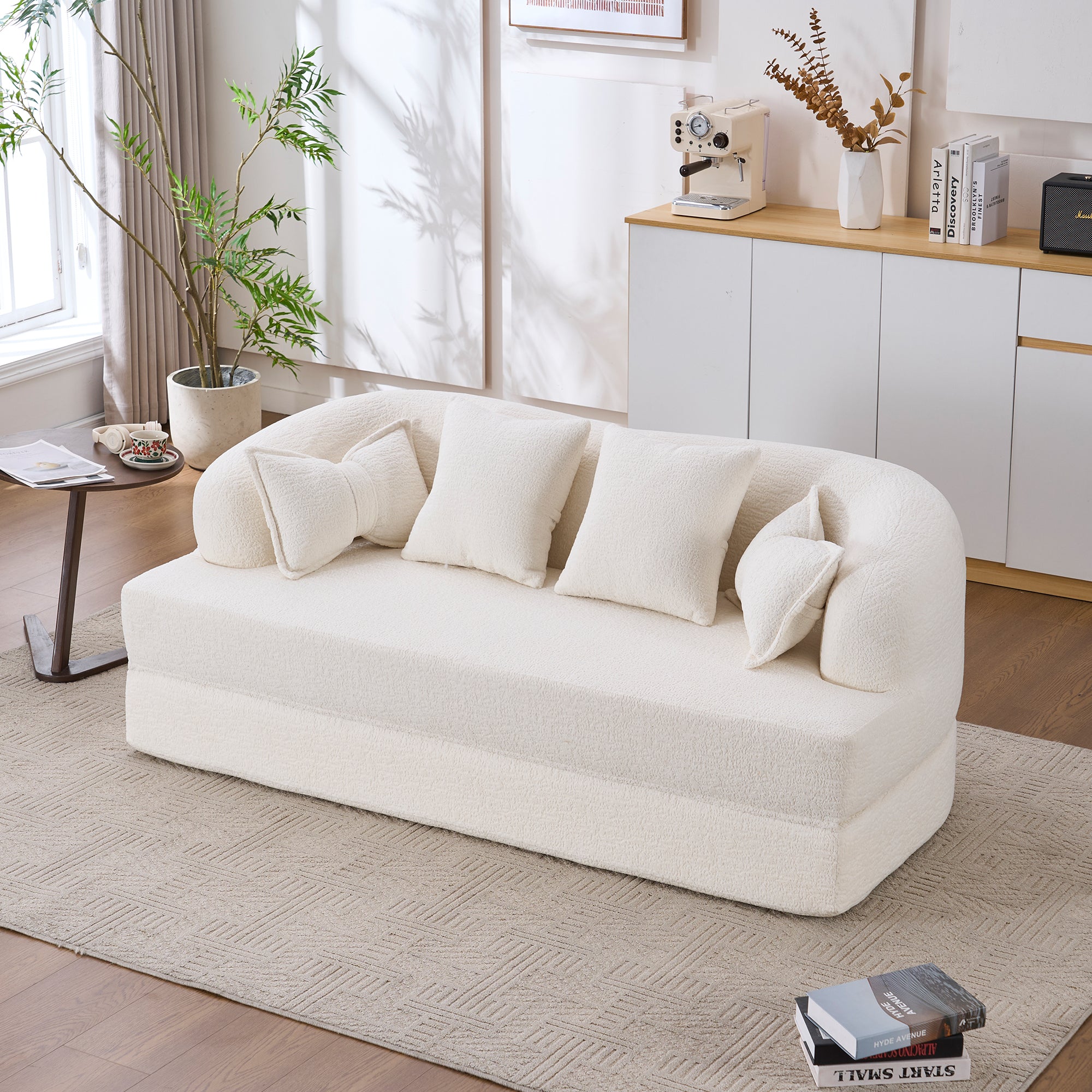 70" Foldable Sofa Bed with 4 Pillows – Milk White.