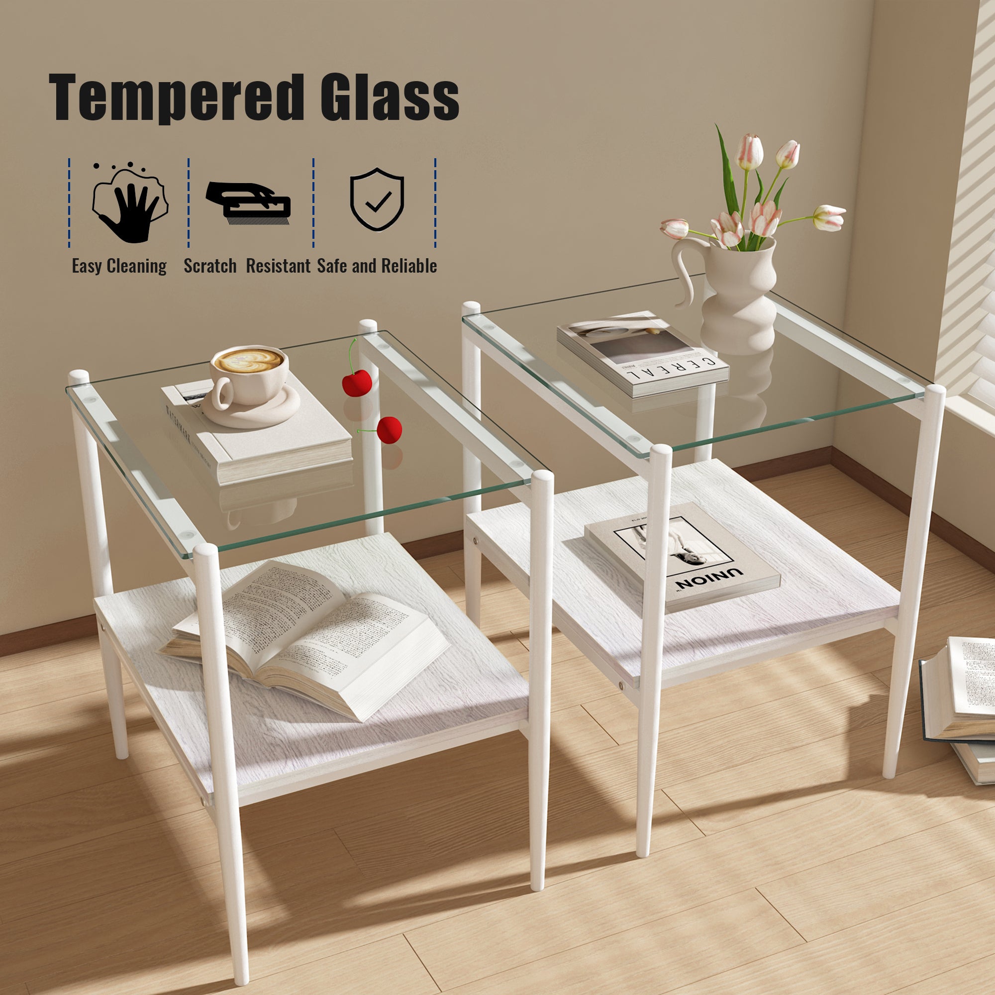 Set of 2 Rectangle End Table, Tempered Glass.