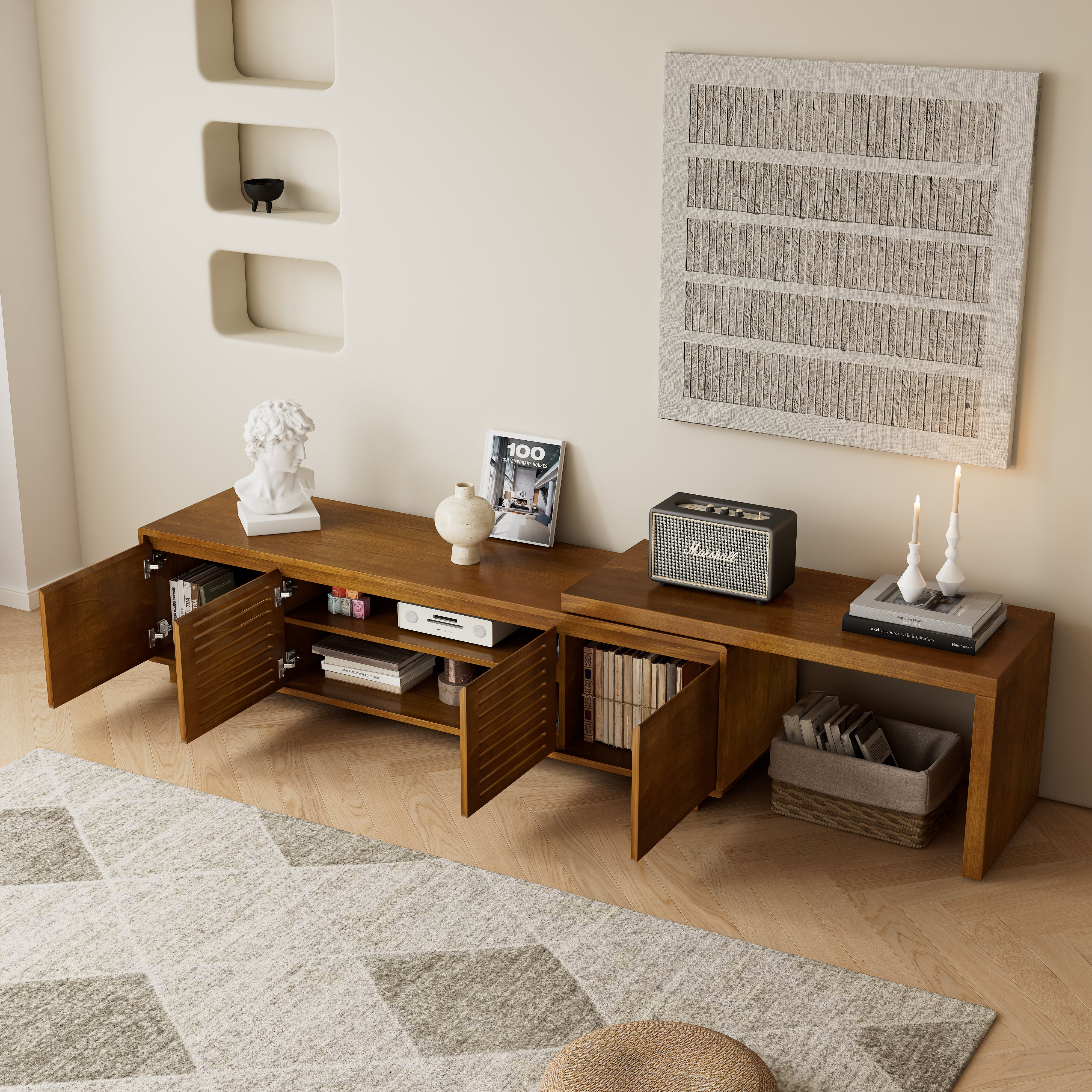 Expandable Wood TV Stand for 55"-75" TVs