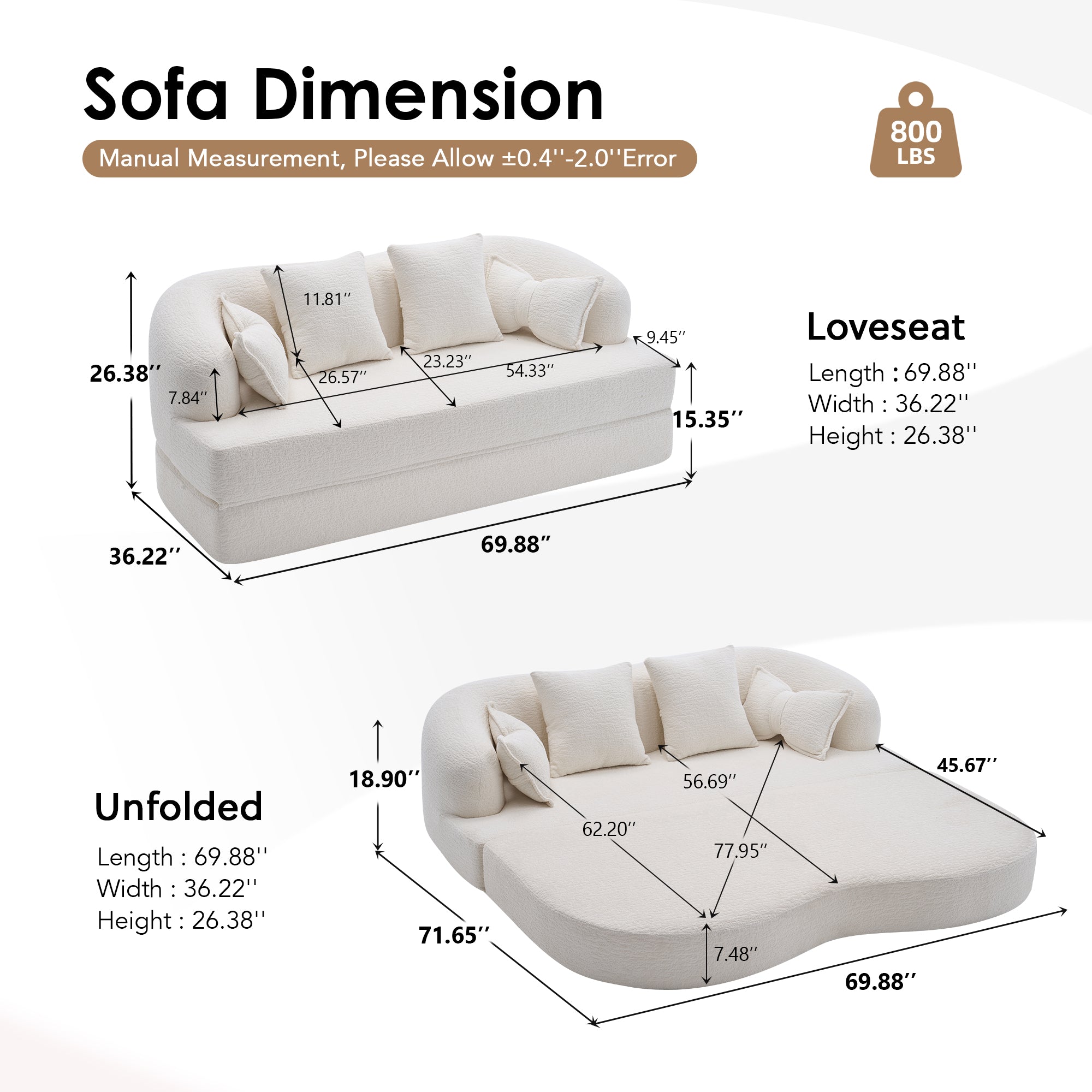 70" Foldable Sofa Bed with 4 Pillows – Milk White.