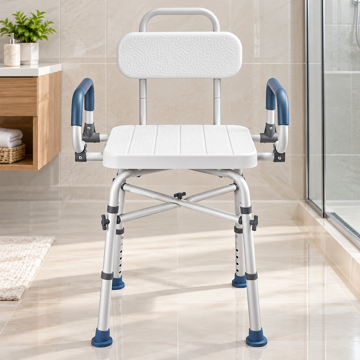 AquaGlide 360° Adjustable Shower Chair with Arms & Backrest, 500 lb Capacity.