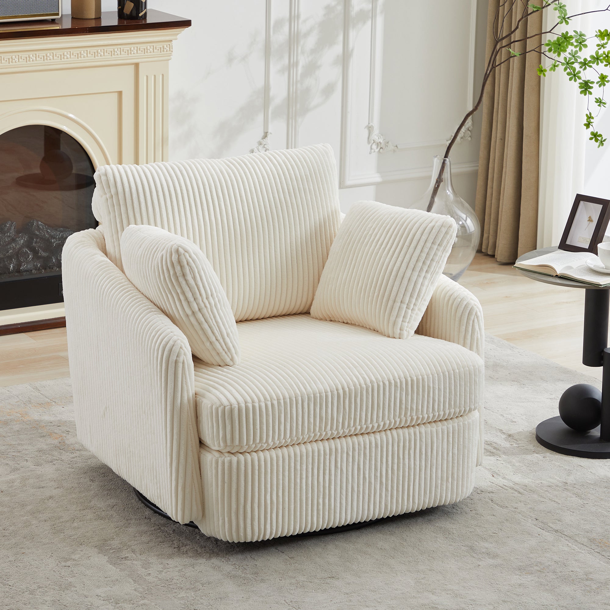 360° Swivel Accent Chair with 2 Pillows, Ivory.
