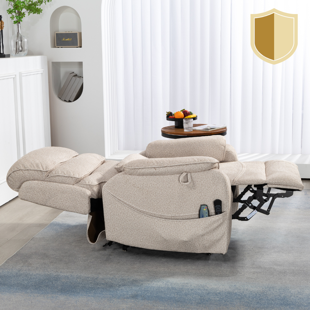 Knight Lay Flat Lift Chair, 24.8 Inch Wide Seat 74.8 Inch Length, Dual Motors, Wireless Charging Side Table, Cream (FREE 2 Years Warranty).