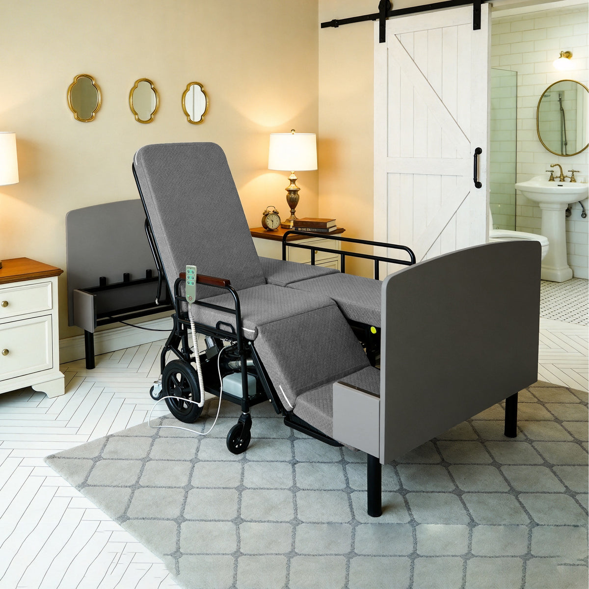 CareEase 3-in-1 Electric Nursing Bed – OKIN Dual Motors, Convertible Wheelchair & Stretcher, 330 lbs Capacity.