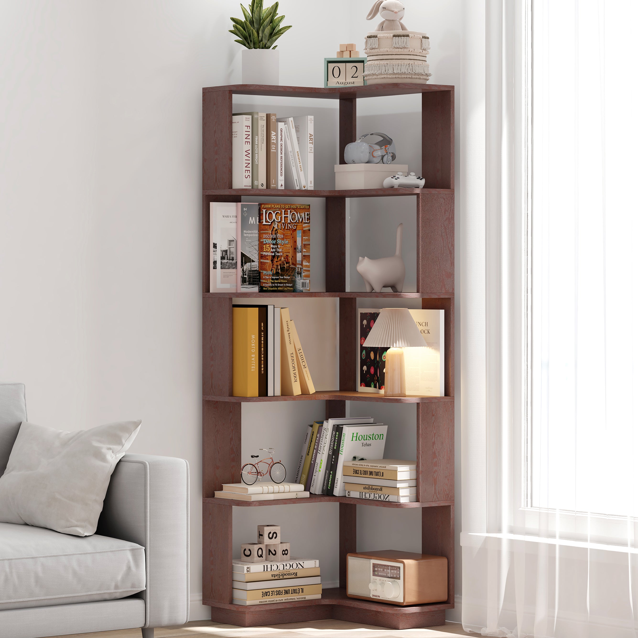 6-Tier L-Shaped Corner Bookshelf with Anti-Tip & Open Storage – Dark Red