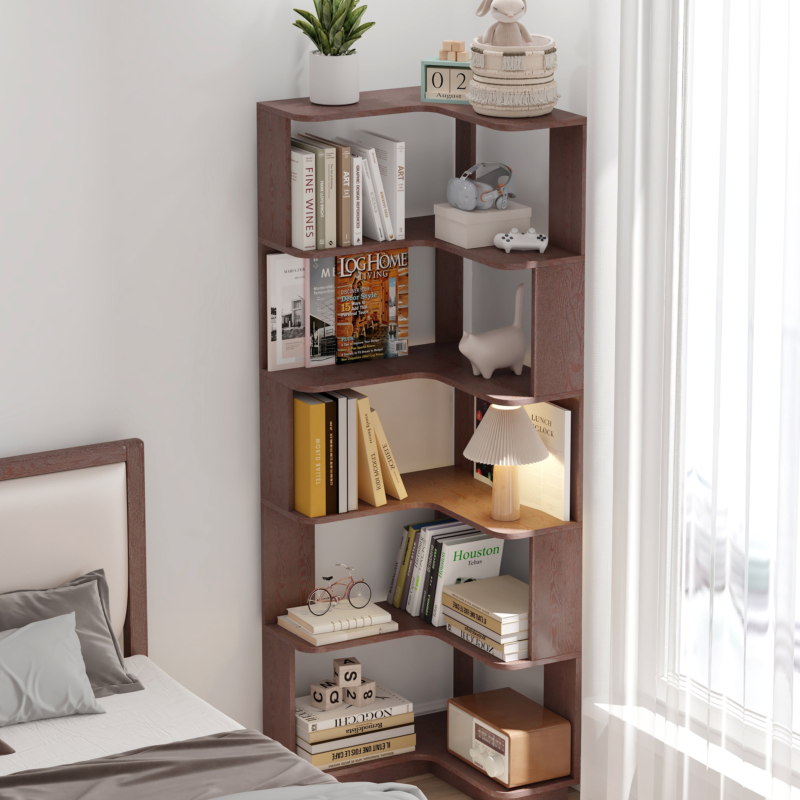 6-Tier L-Shaped Corner Bookshelf with Anti-Tip & Open Storage – Dark Red