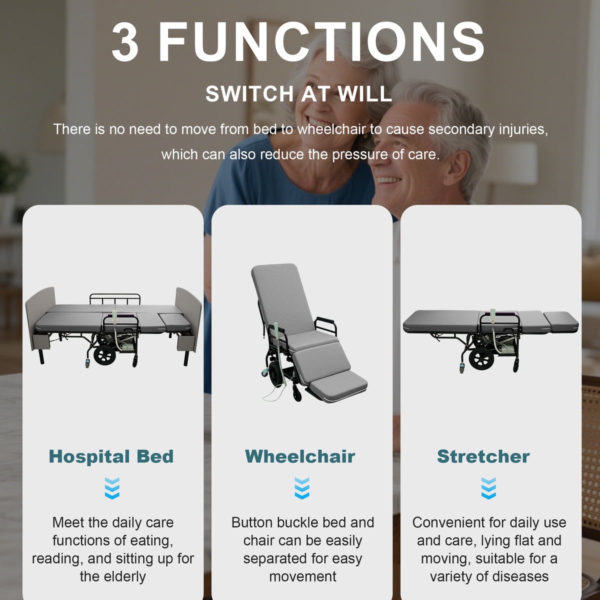 CareEase 3-in-1 Electric Nursing Bed – OKIN Dual Motors, Convertible Wheelchair & Stretcher, 330 lbs Capacity.