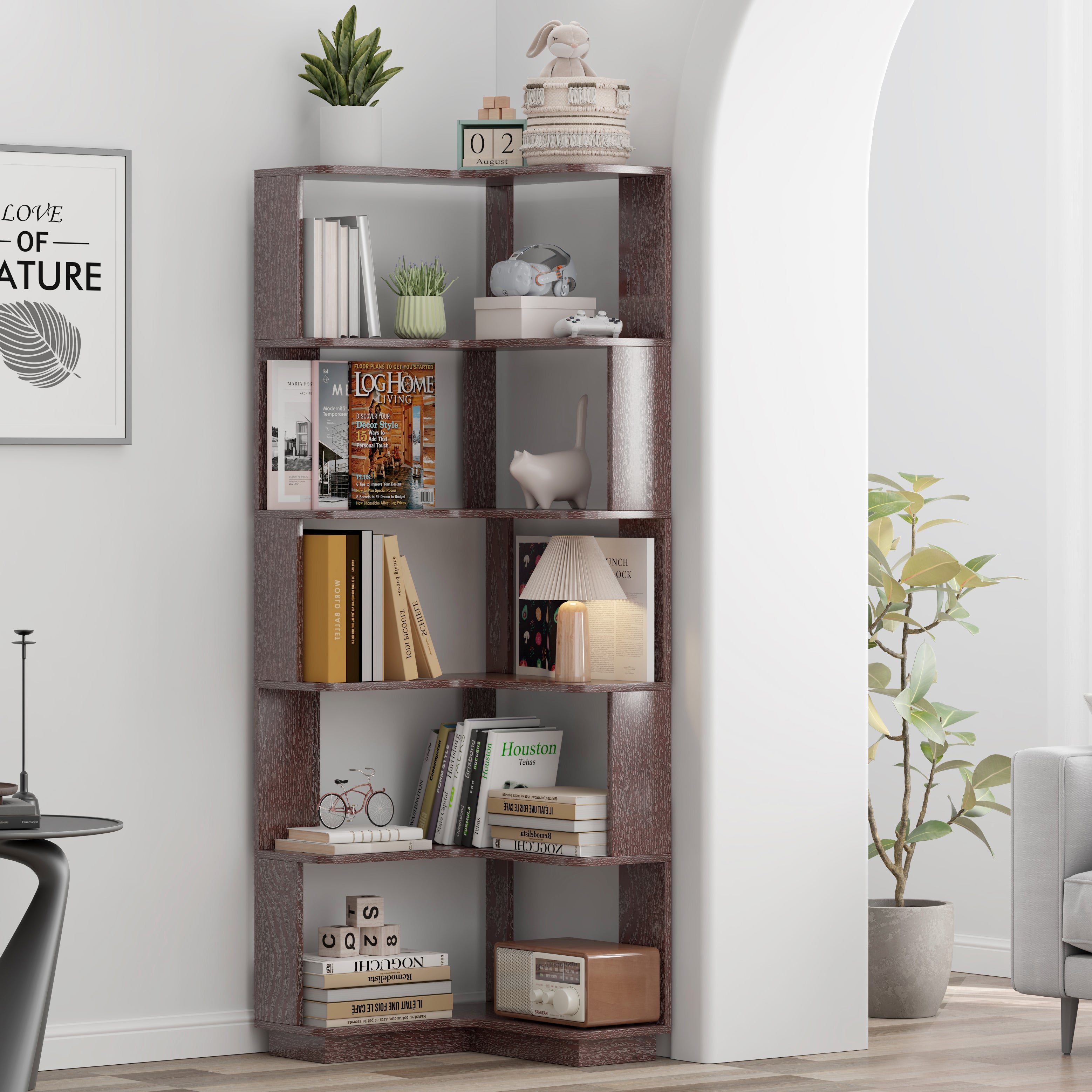 6-Tier L-Shaped Corner Bookshelf with Anti-Tip & Open Storage – Dark Red