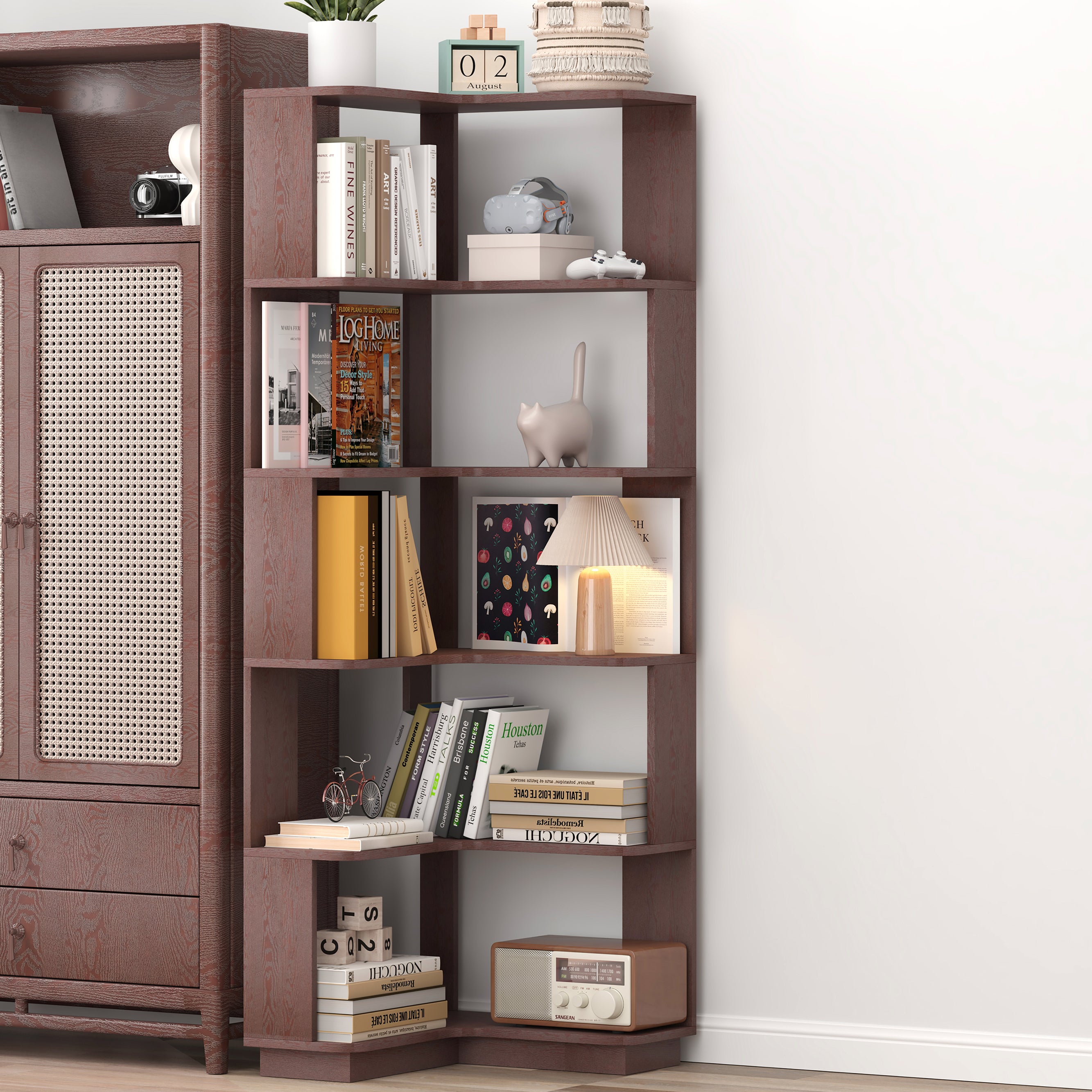 6-Tier L-Shaped Corner Bookshelf with Anti-Tip & Open Storage – Dark Red