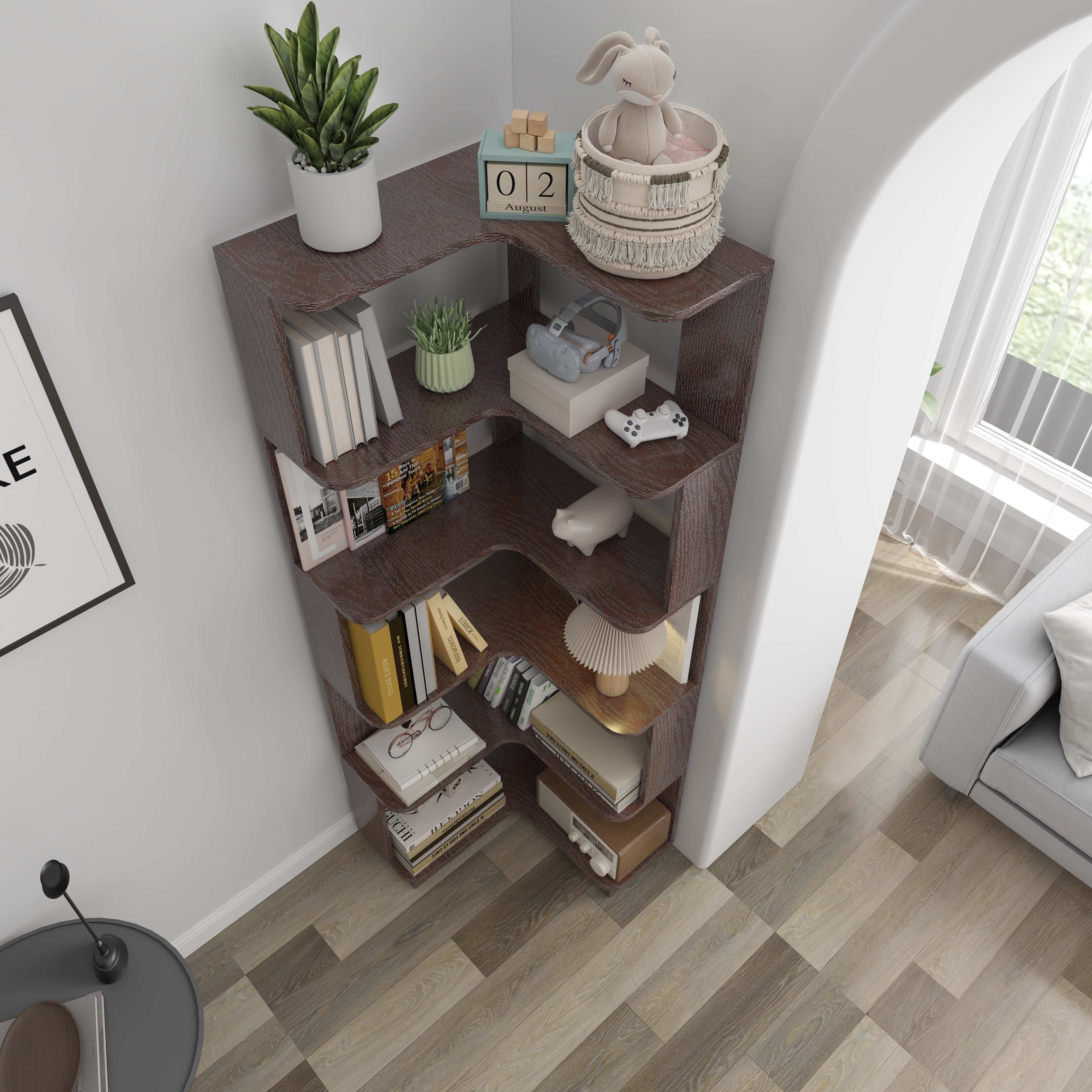 6-Tier L-Shaped Corner Bookshelf with Anti-Tip & Open Storage – Dark Red