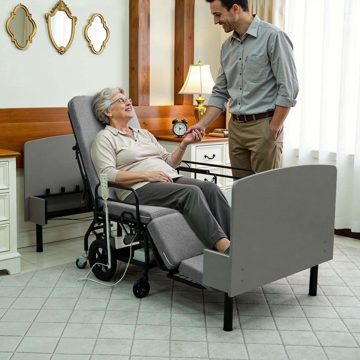 CareEase 3-in-1 Electric Nursing Bed – OKIN Dual Motors, Convertible Wheelchair & Stretcher, 330 lbs Capacity.