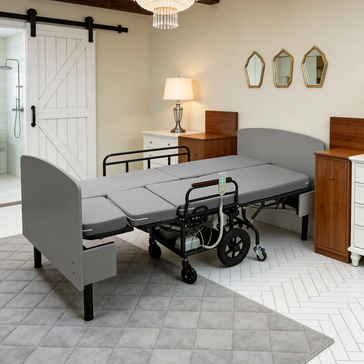 CareEase 3-in-1 Electric Nursing Bed – OKIN Dual Motors, Convertible Wheelchair & Stretcher, 330 lbs Capacity.