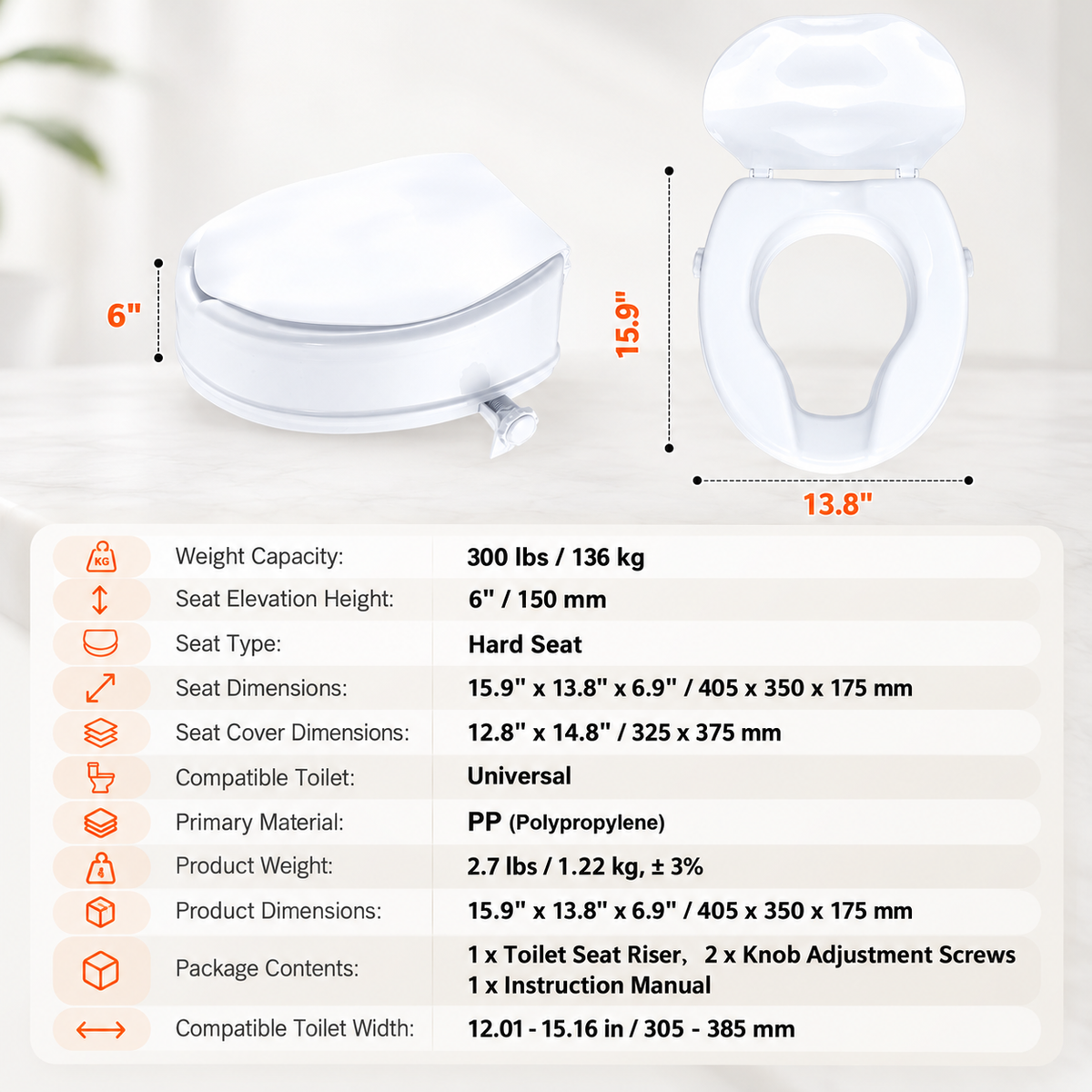 6-Inch Raised Toilet Seat Riser with Dual-Lock Knobs – 150 mm Elevated Toilet Seat