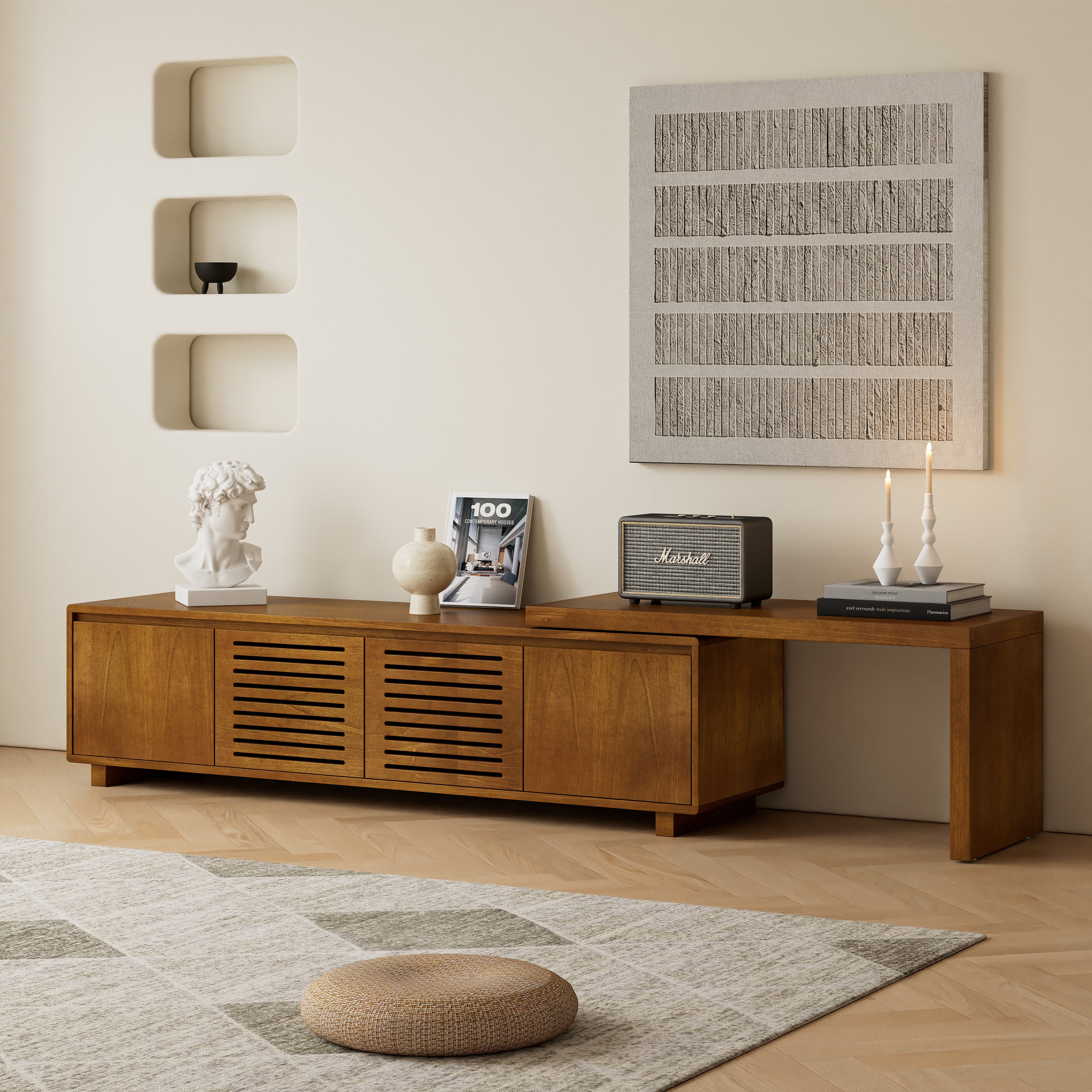 Expandable Wood TV Stand for 55"-75" TVs