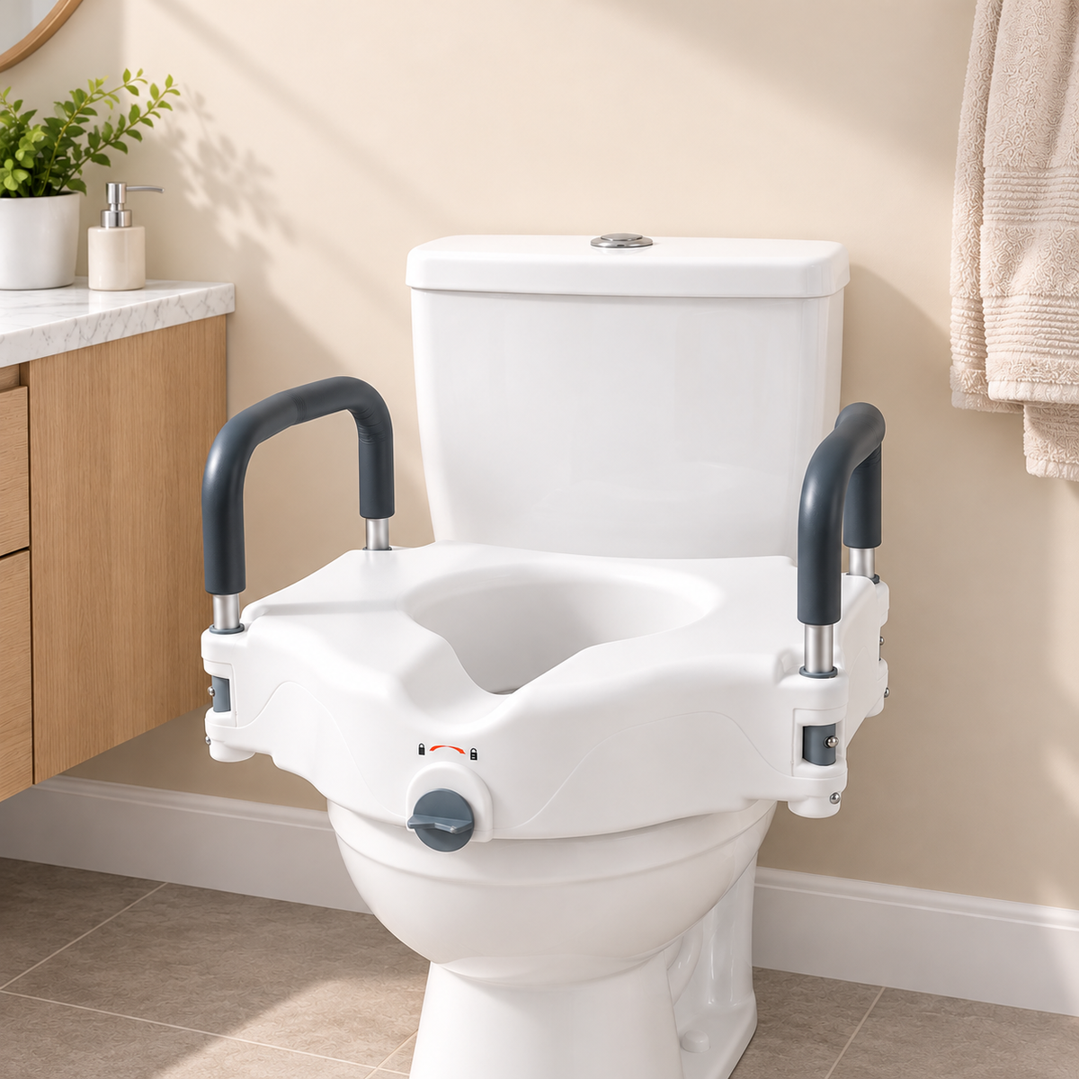 EasyRise 5-Inch Elevated Toilet Seat Riser with Padded Armrests and Quick-Lock Installation.
