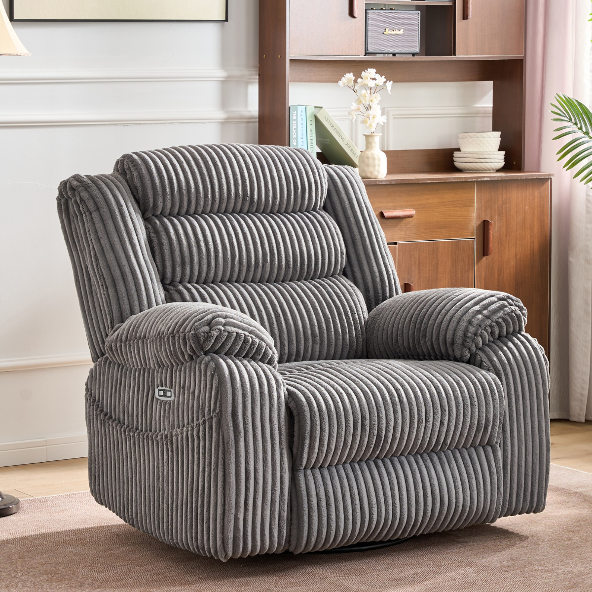 SereneRock Power Swivel Rocker Recliner – Corduroy Massage Chair with Heat, USB & 160° Power Recline -