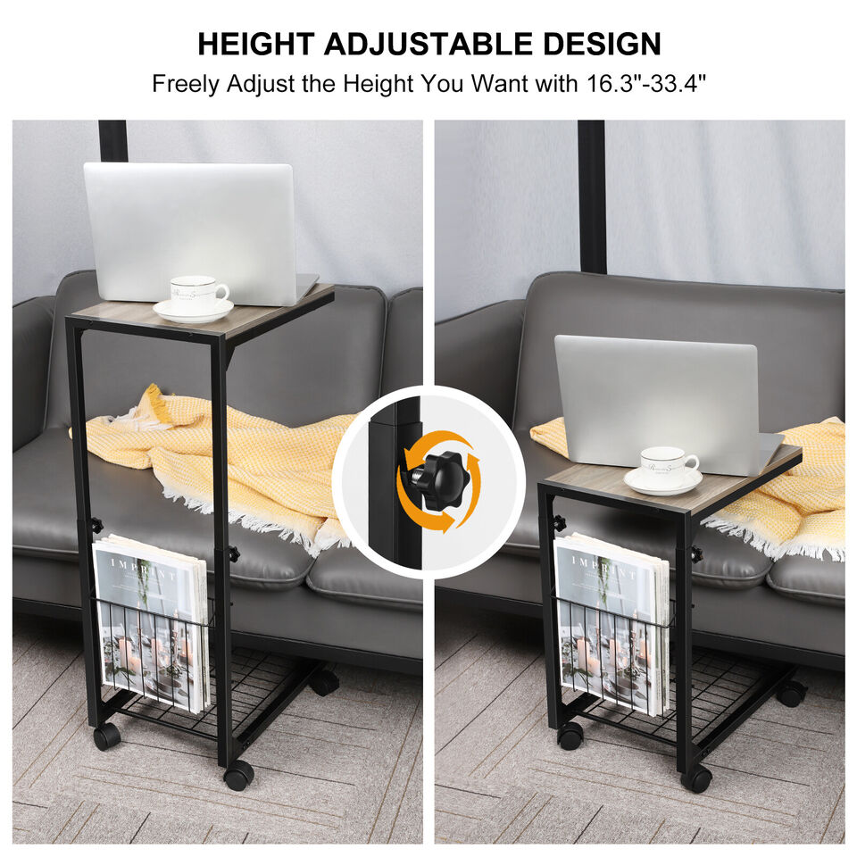 C Shaped Small Narrow End Side Table Rolling Laptop Stand Table Adjustable.
