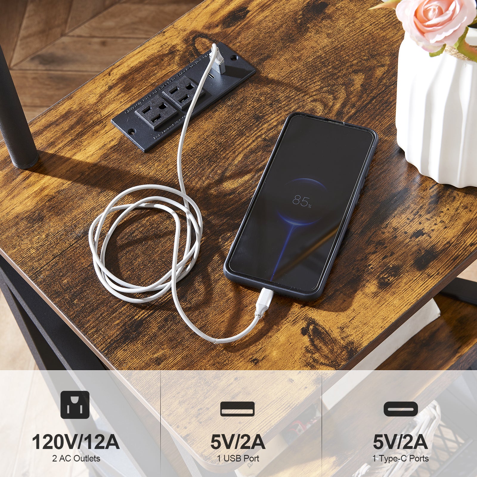 Side Table End Table with Floor Lamp and Outlet.