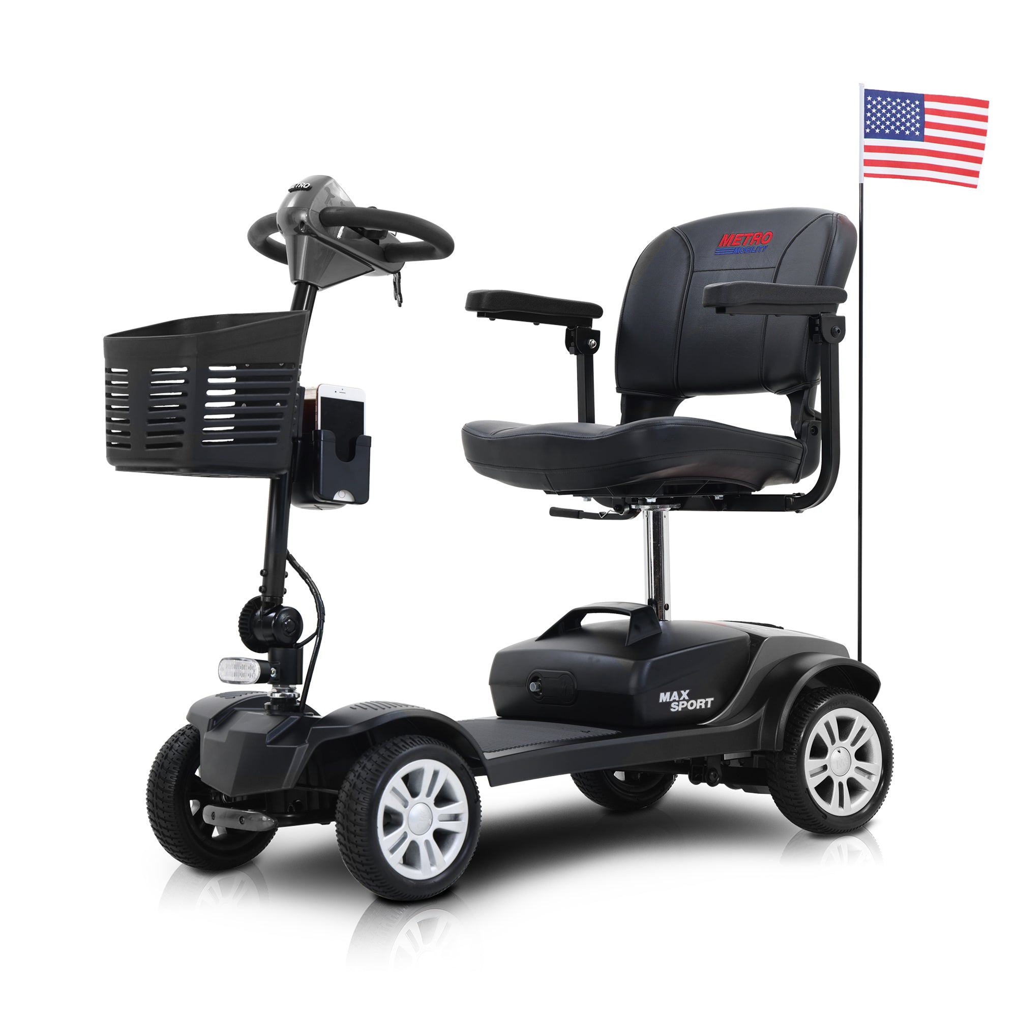 Metro Mobility MAX SPORT 4-Wheel Mobility Scooter, Flat Free Tires, 300 Watt, and Automatic Braking System - Grey (FREE Raincoat)