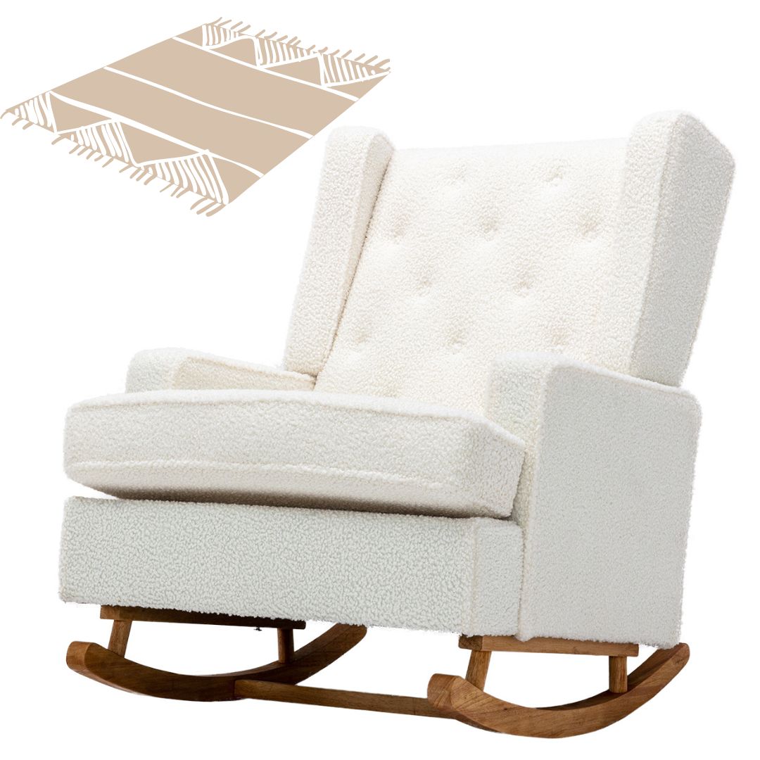 Rocking Chair, up to 300 Lb, Solid Wood, Ultra Comfy Cushion, White (Free Rug).
