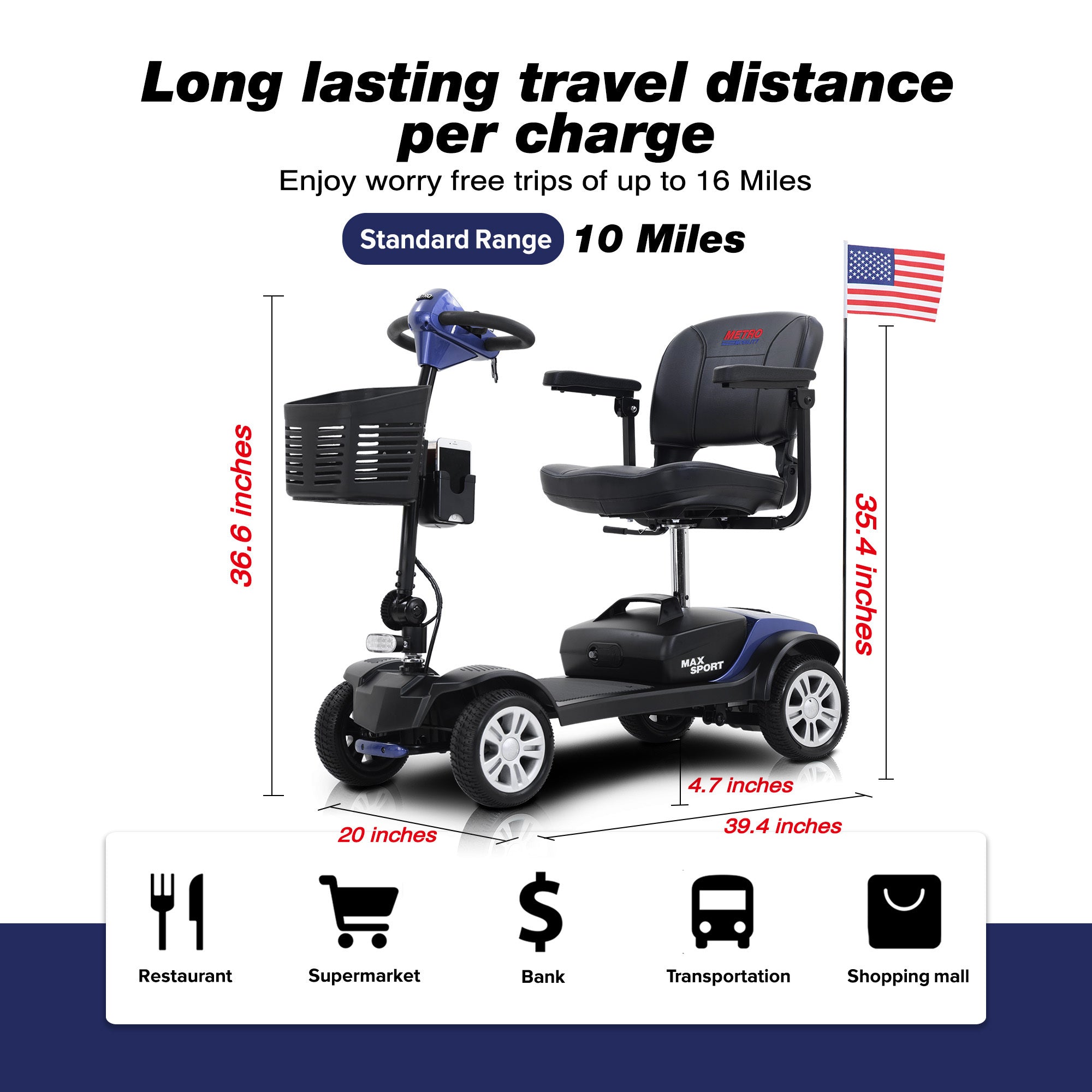 Metro Mobility MAX SPORT 4-Wheel Mobility Scooter, Flat Free Tires, 300 Watt, and Automatic Braking System - Blue (FREE Raincoat)