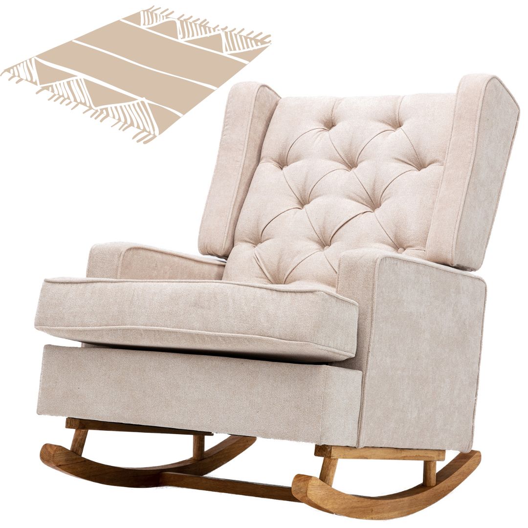 Rocking Chair, Free Area Rug, Solid Wood, Ultra Comfy Cushion.