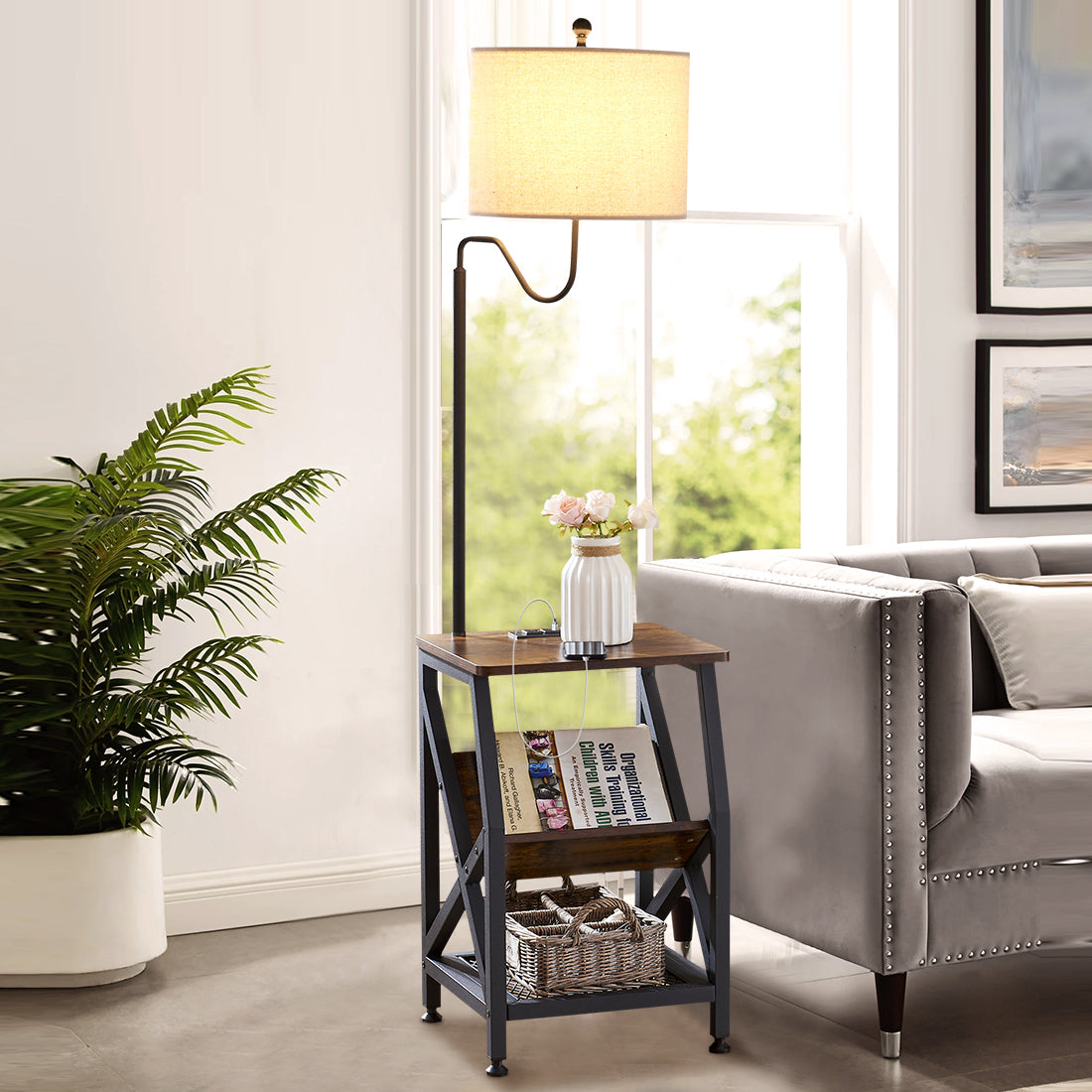 Side Table End Table with Floor Lamp and Outlet