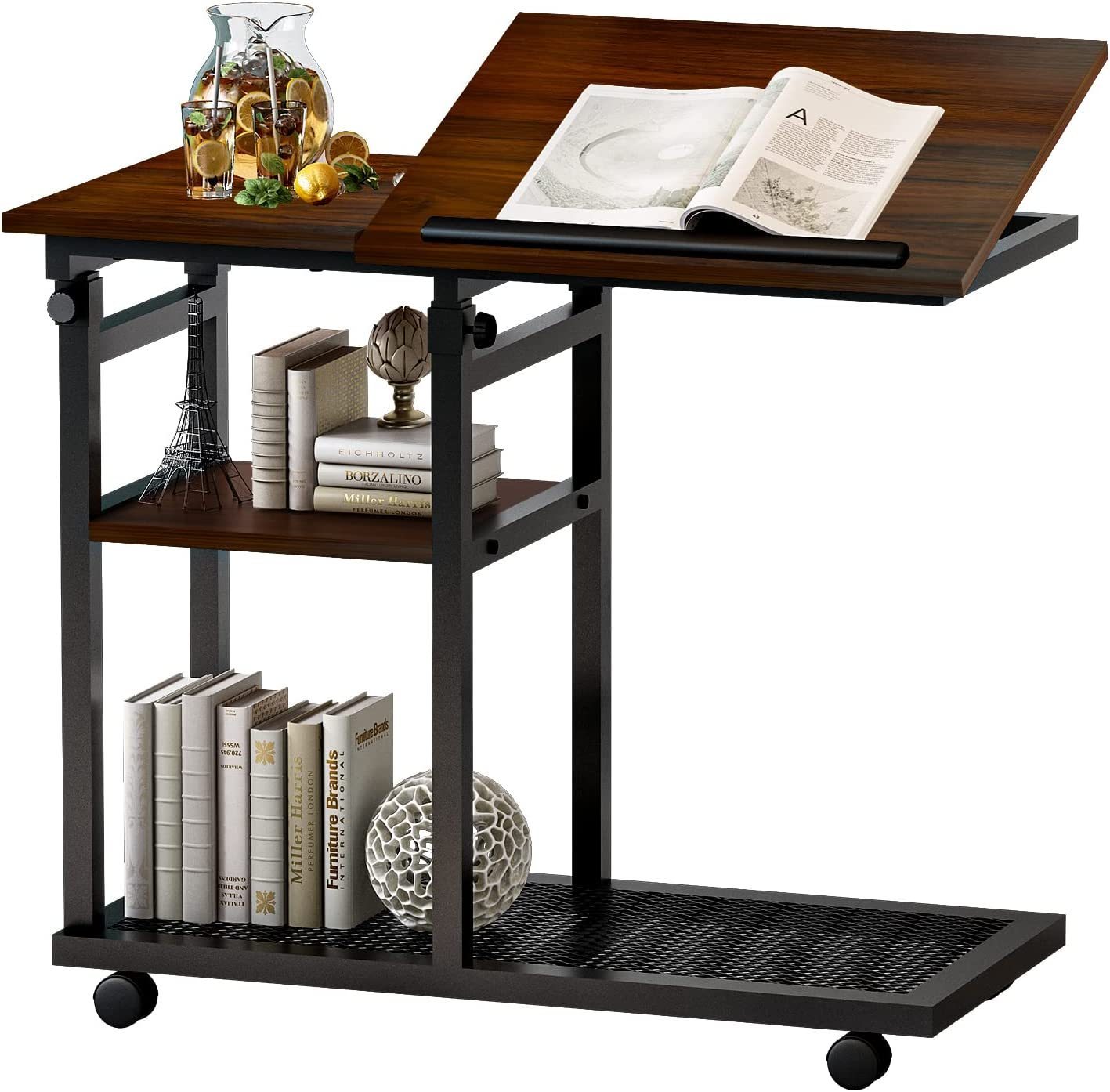 Height Adjustable C Shape Side Table with Book Holder.