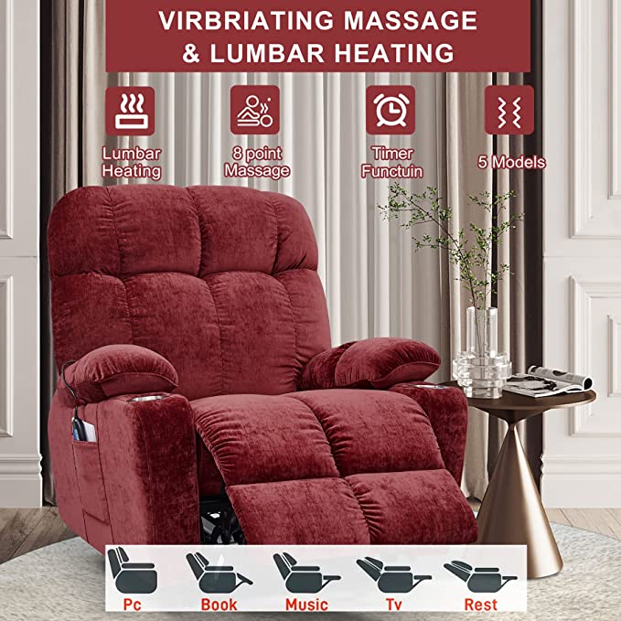 NestingCloud Lift Chair for Elderly with Dual Motor, 180° Lay Flat Recliner, Heat and Massage, Red (FREE 2 Years Warranty)