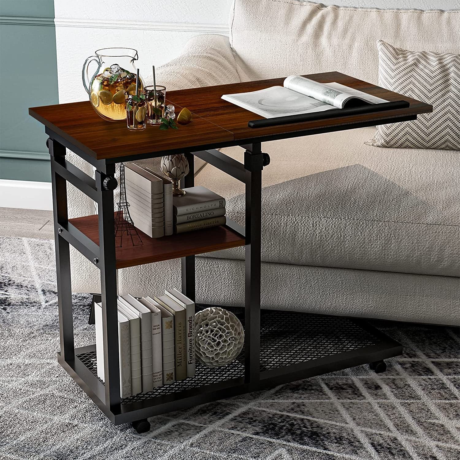 Height Adjustable C Shape Side Table with Book Holder.