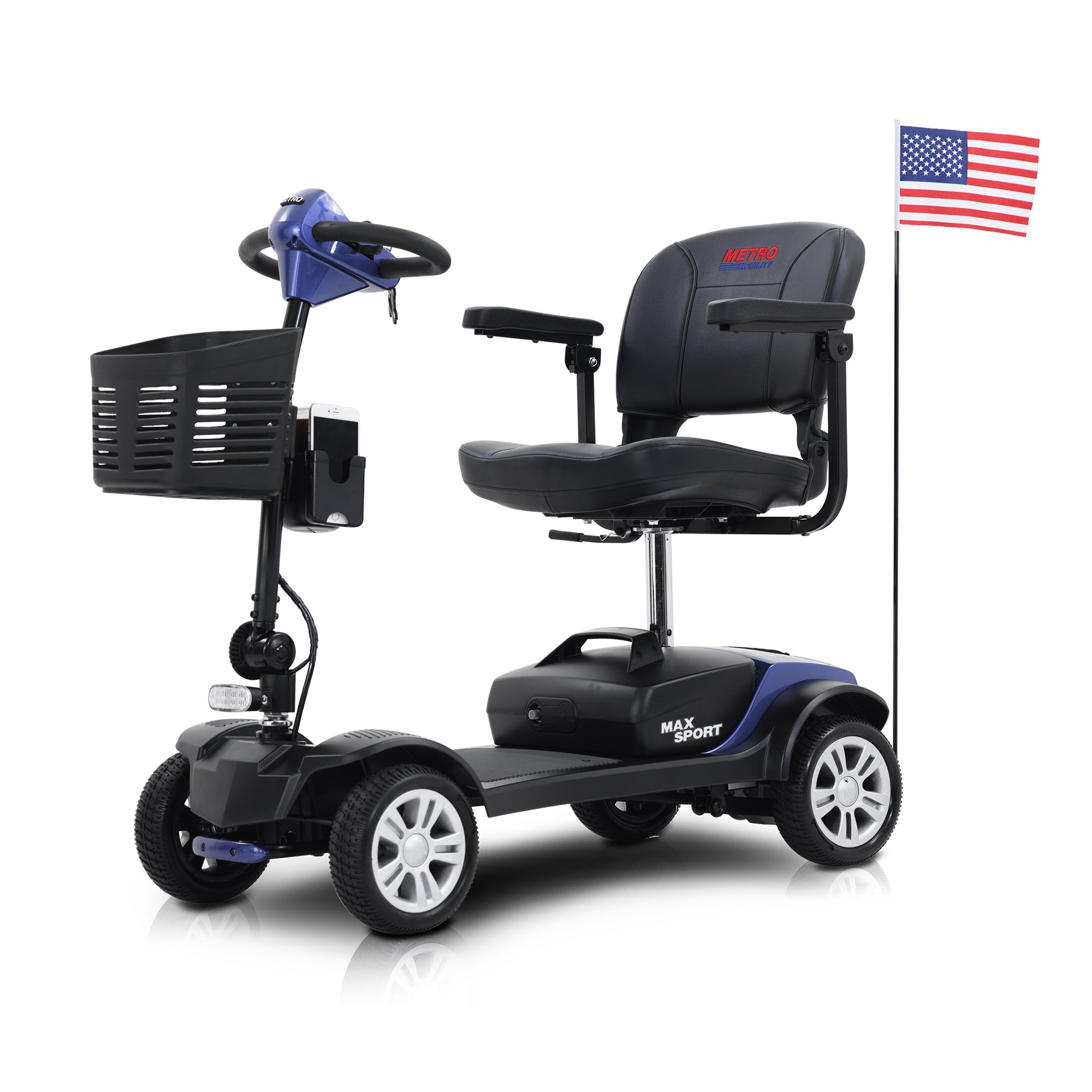 Metro Mobility MAX SPORT 4-Wheel Mobility Scooter, Flat Free Tires, 300 Watt, and Automatic Braking System - Blue (FREE Raincoat)