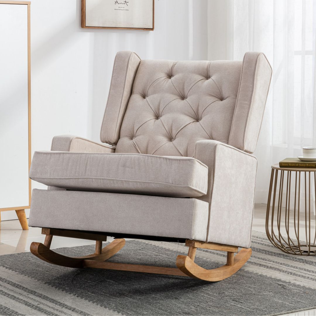 Rocking Chair, Free Area Rug, Solid Wood, Ultra Comfy Cushion.