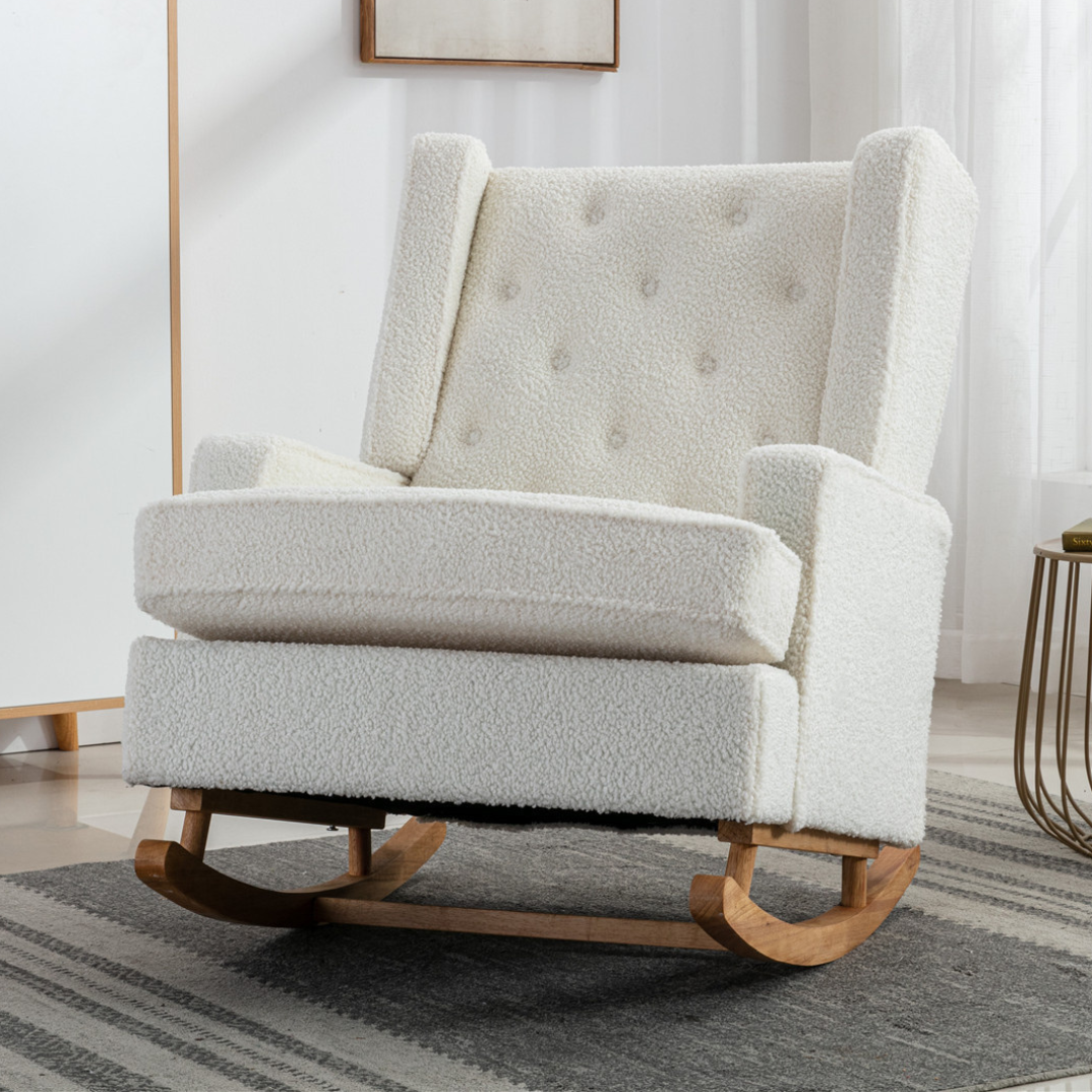 Rocking Chair, up to 300 Lb, Solid Wood, Ultra Comfy Cushion, White (Free Rug).