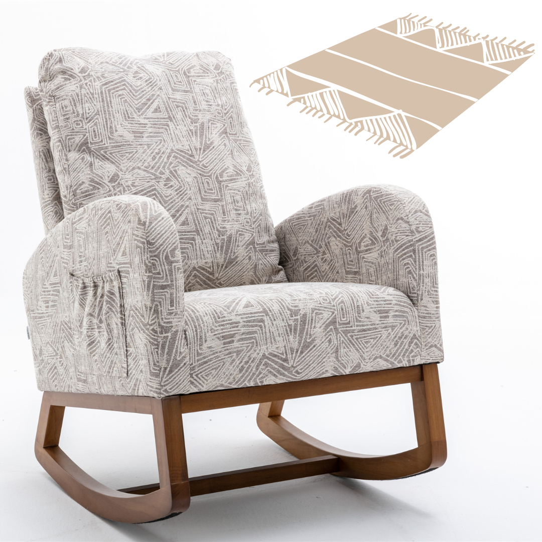 Rocking Chair, up to 300 Lb, Solid Wood, High Back Rest and Ultra Comfy Cushion, Gray (Free Rug).