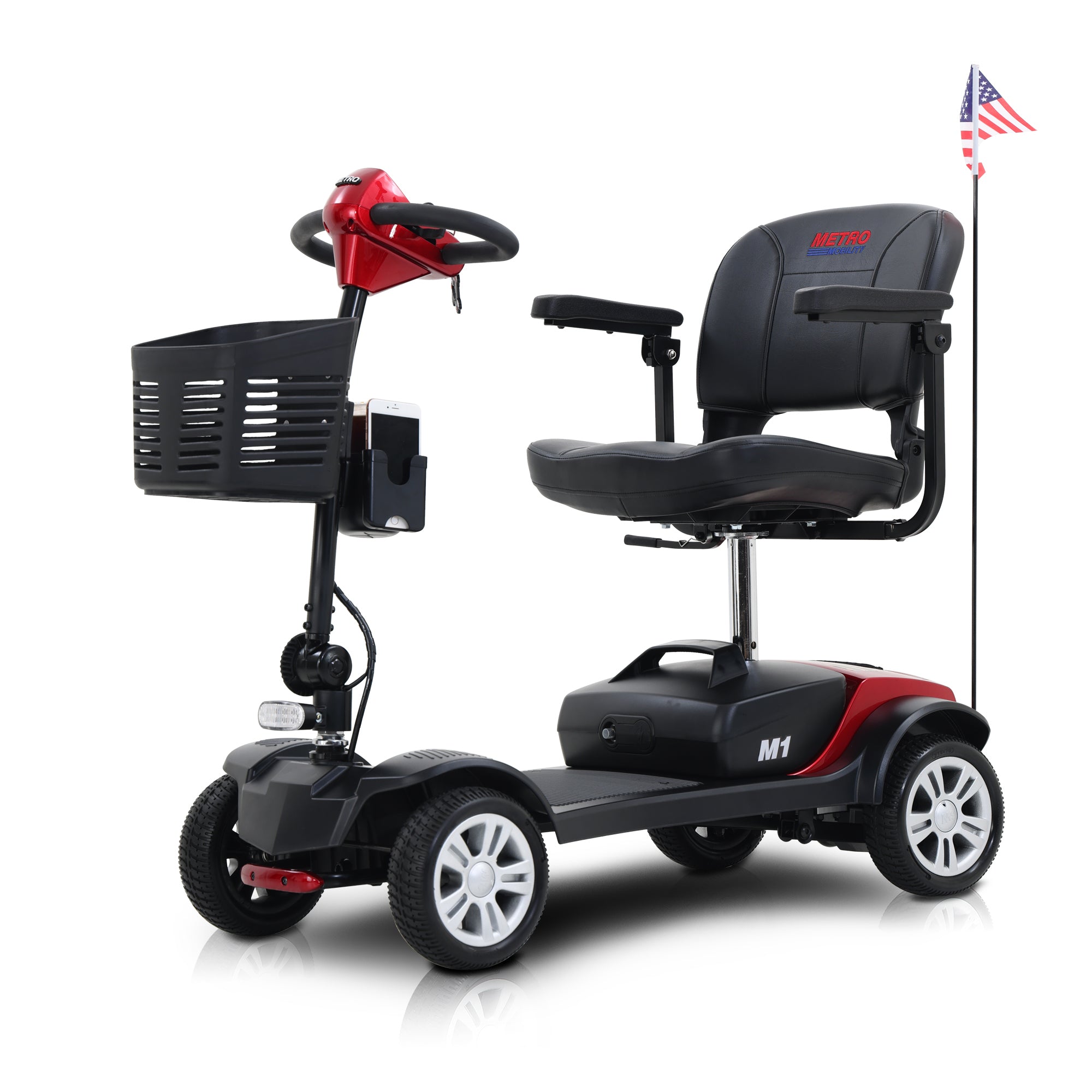Metro Mobility MAX SPORT 4-Wheel Mobility Scooter, Flat Free Tires, 300 Watt, and Automatic Braking System - Red (FREE Rain Coat)