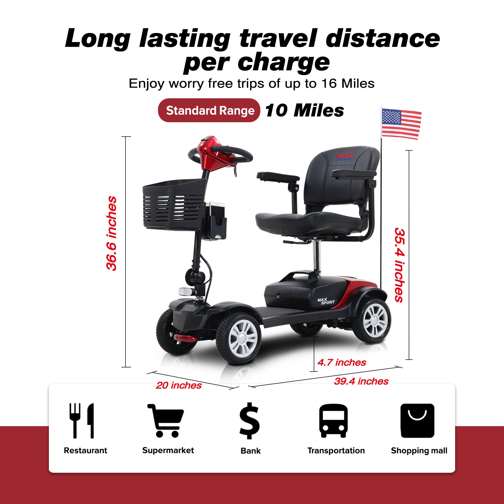 Metro Mobility MAX SPORT 4-Wheel Mobility Scooter, Flat Free Tires, 300 Watt, and Automatic Braking System - Red (FREE Rain Coat)