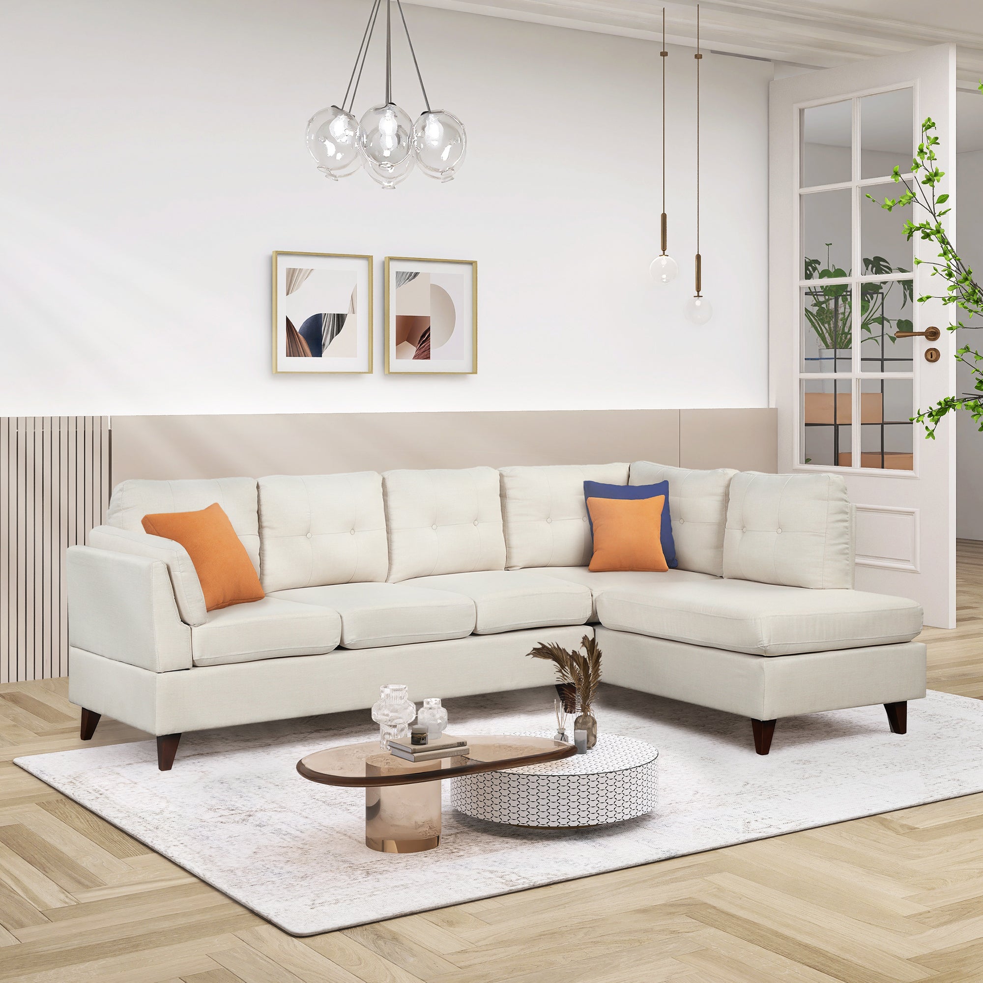 98 Inch L Shape Sofa with Chaise Lounge,Sectional Sofa with one Lumbar Pad,Beige (Free Coffee table)
