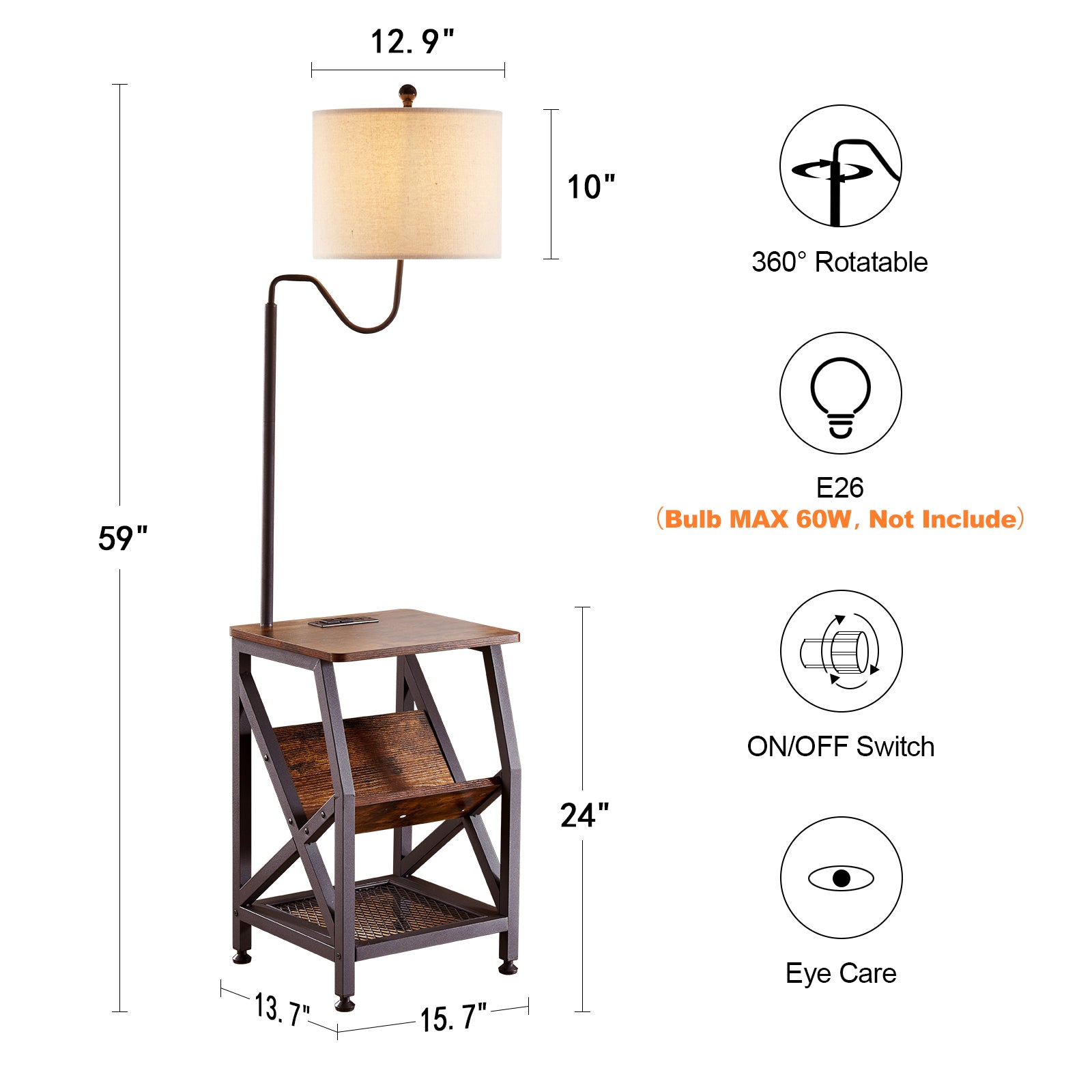 Side Table End Table with Floor Lamp and Outlet.
