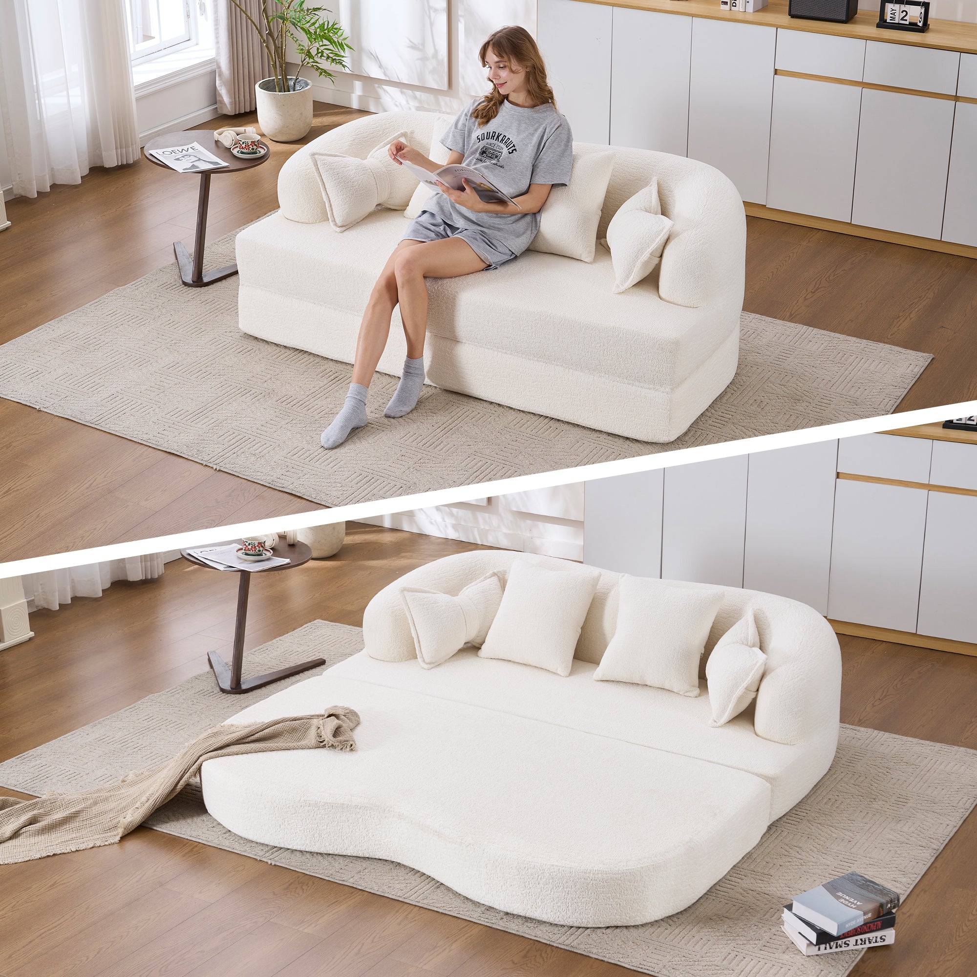 70" Foldable Sofa Bed with 4 Pillows – Milk White.