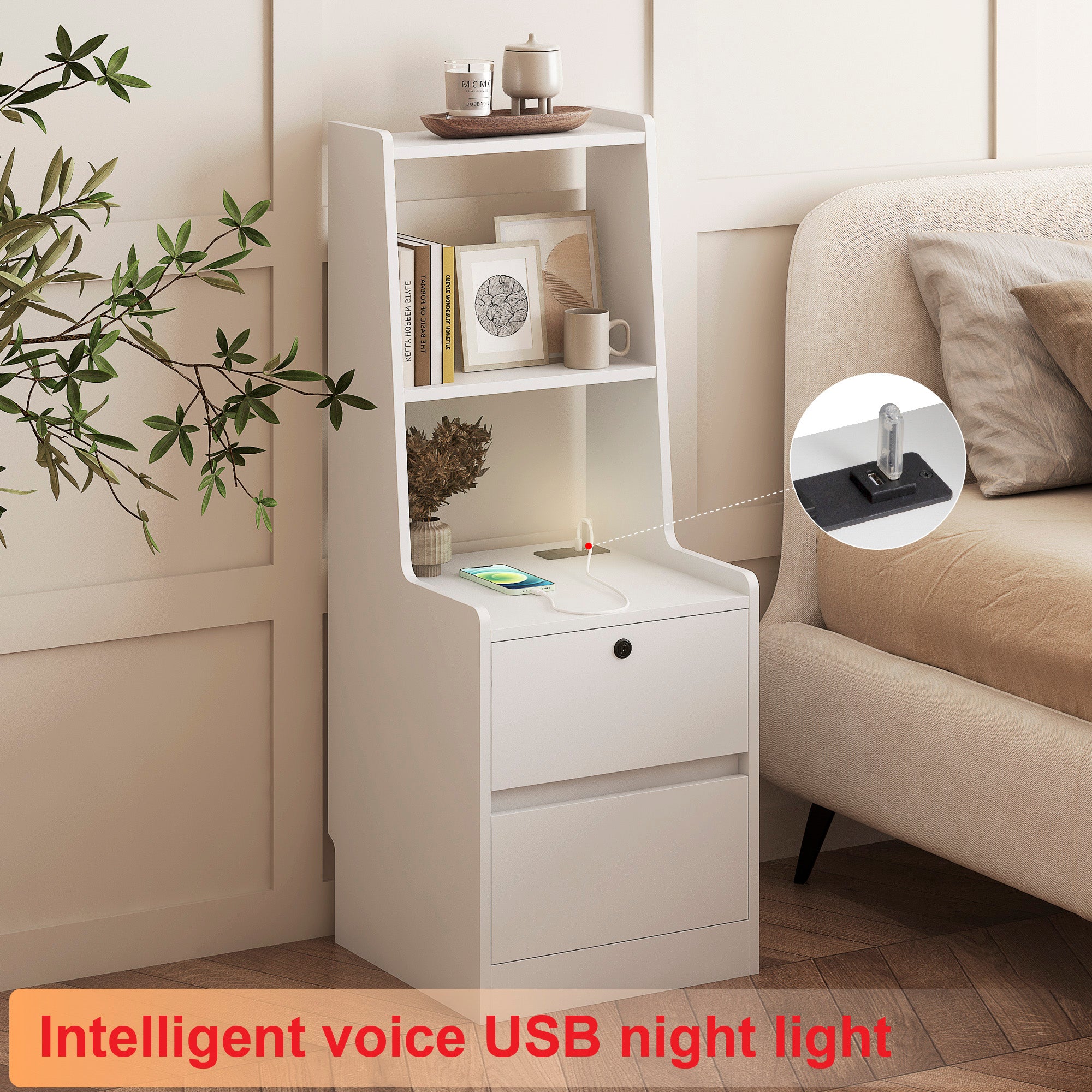 Modern Nightstand with Charging Station, Night Light & Storage Cabinet – White