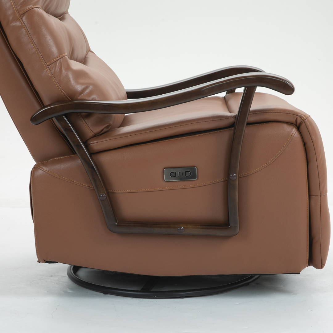 SpinEase Swivel Recliner Chair, 350lbs Capacity, Power Glider Chair with Solid Wood Armrests, Faux Leather- Orange.