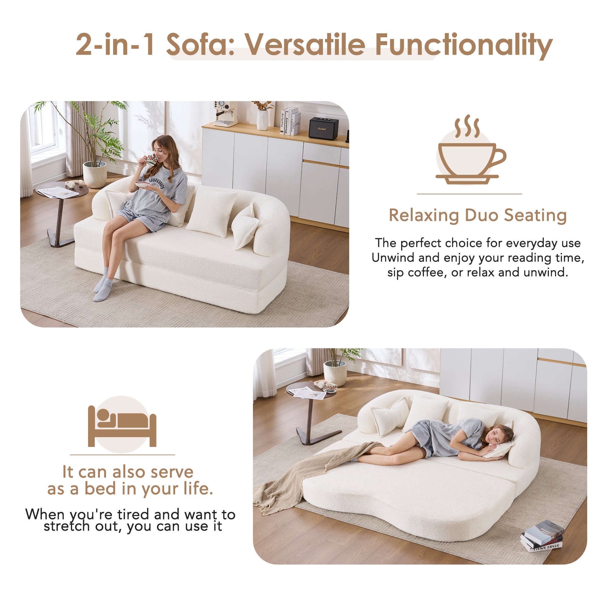 70" Foldable Sofa Bed with 4 Pillows – Milk White.