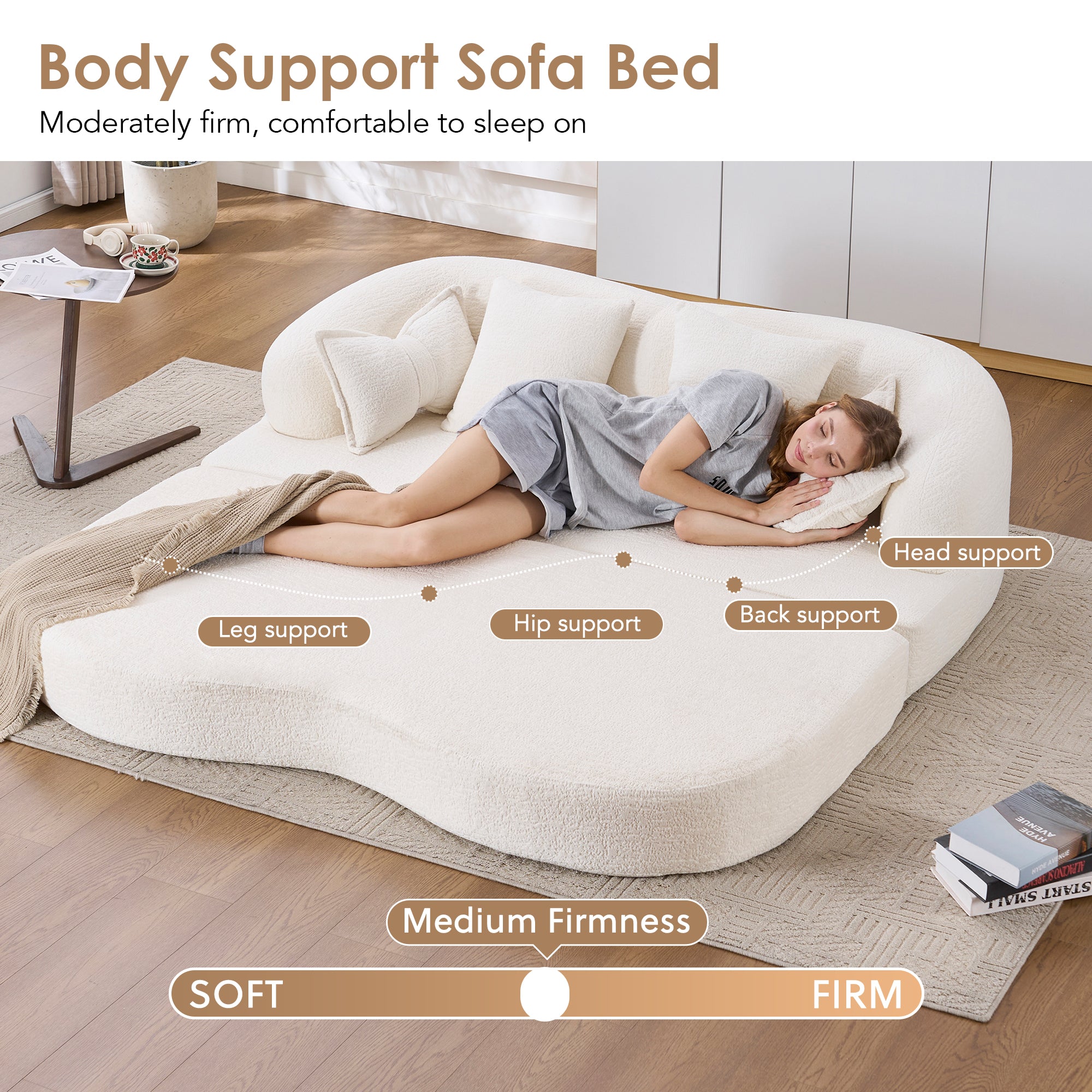 70" Foldable Sofa Bed with 4 Pillows – Milk White.